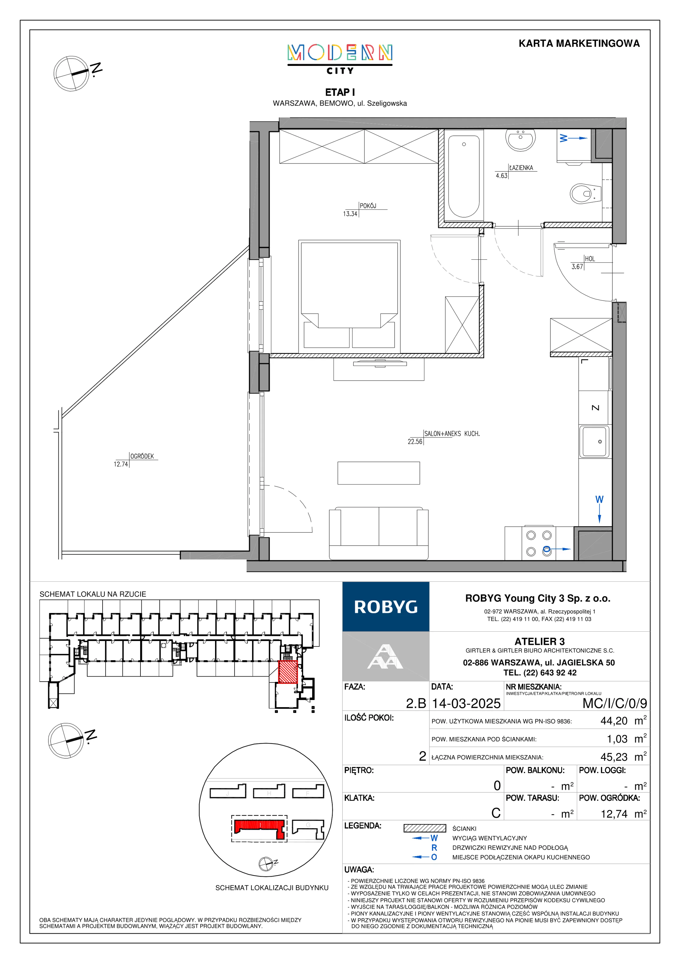 2 pokoje, mieszkanie 44,20 m², parter, oferta nr MC/I/C/0/9, Modern City etap I, Warszawa, Bemowo, Chrzanów, ul. Szeligowska
