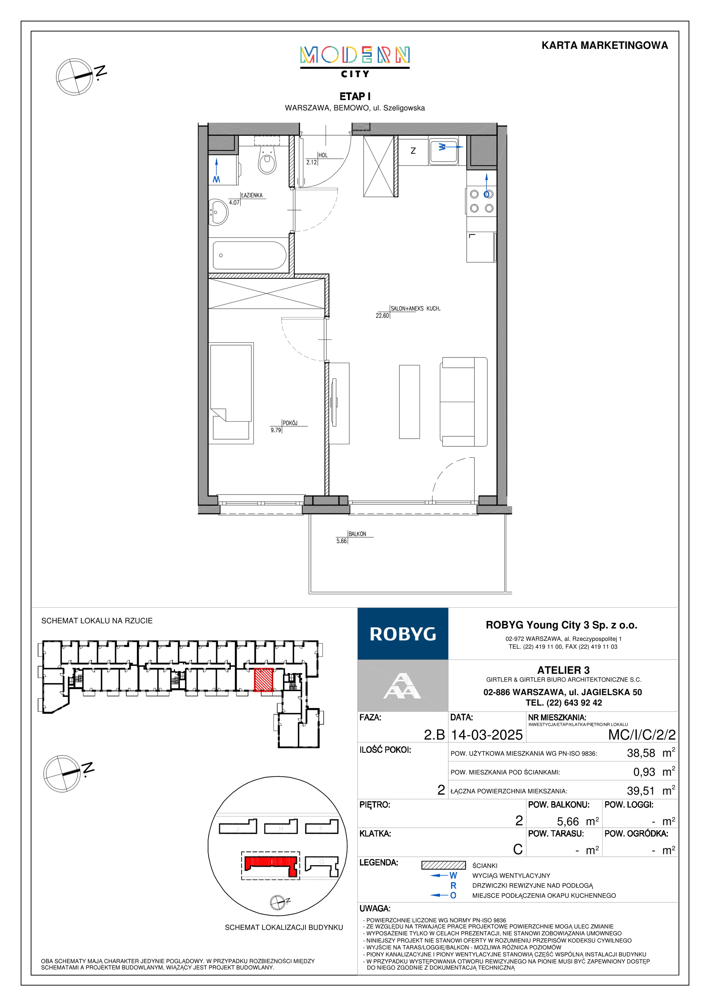 2 pokoje, mieszkanie 38,58 m², piętro 2, oferta nr MC/I/C/2/2, Modern City etap I, Warszawa, Bemowo, Chrzanów, ul. Szeligowska