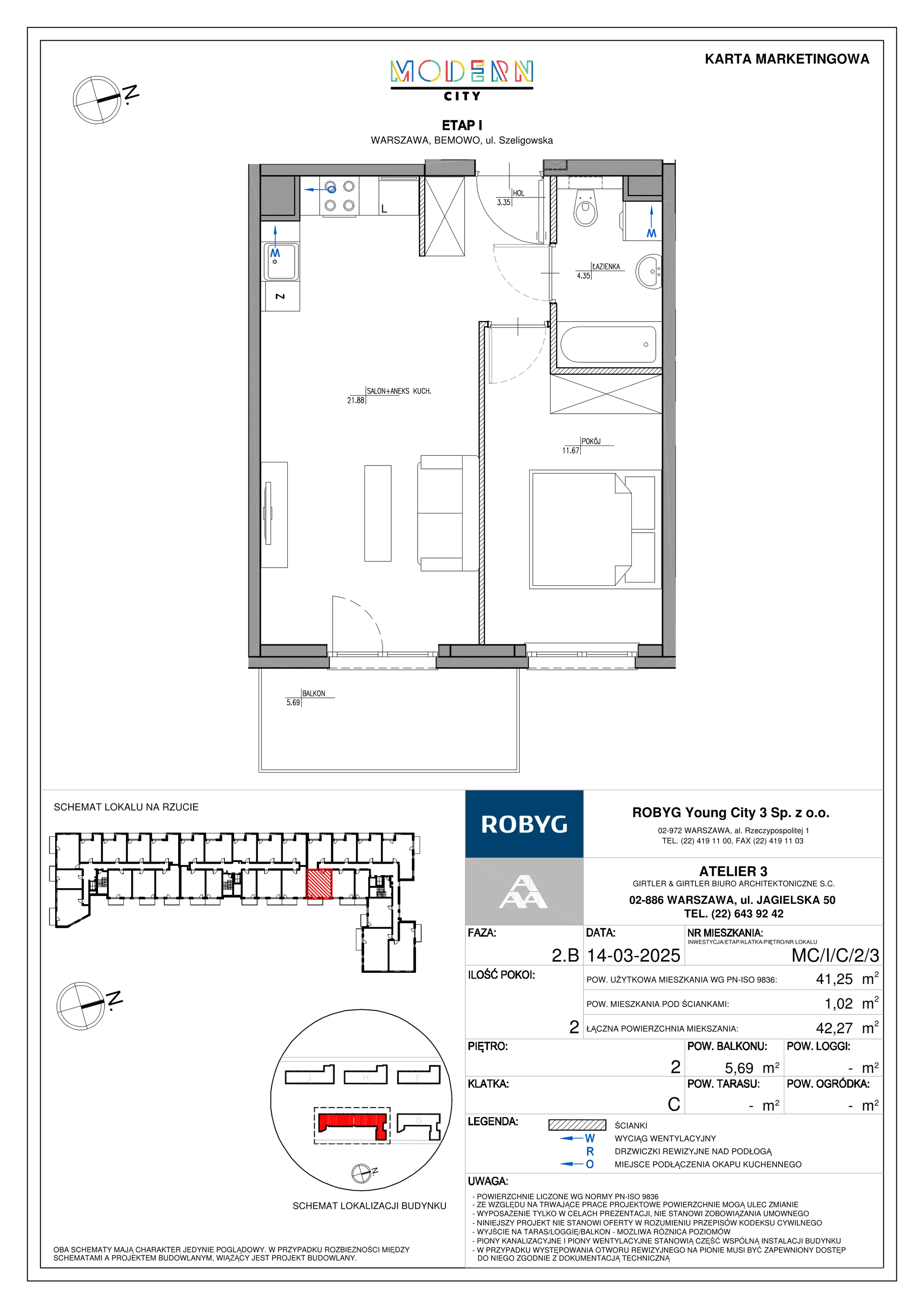 2 pokoje, mieszkanie 41,25 m², piętro 2, oferta nr MC/I/C/2/3, Modern City etap I, Warszawa, Bemowo, Chrzanów, ul. Szeligowska