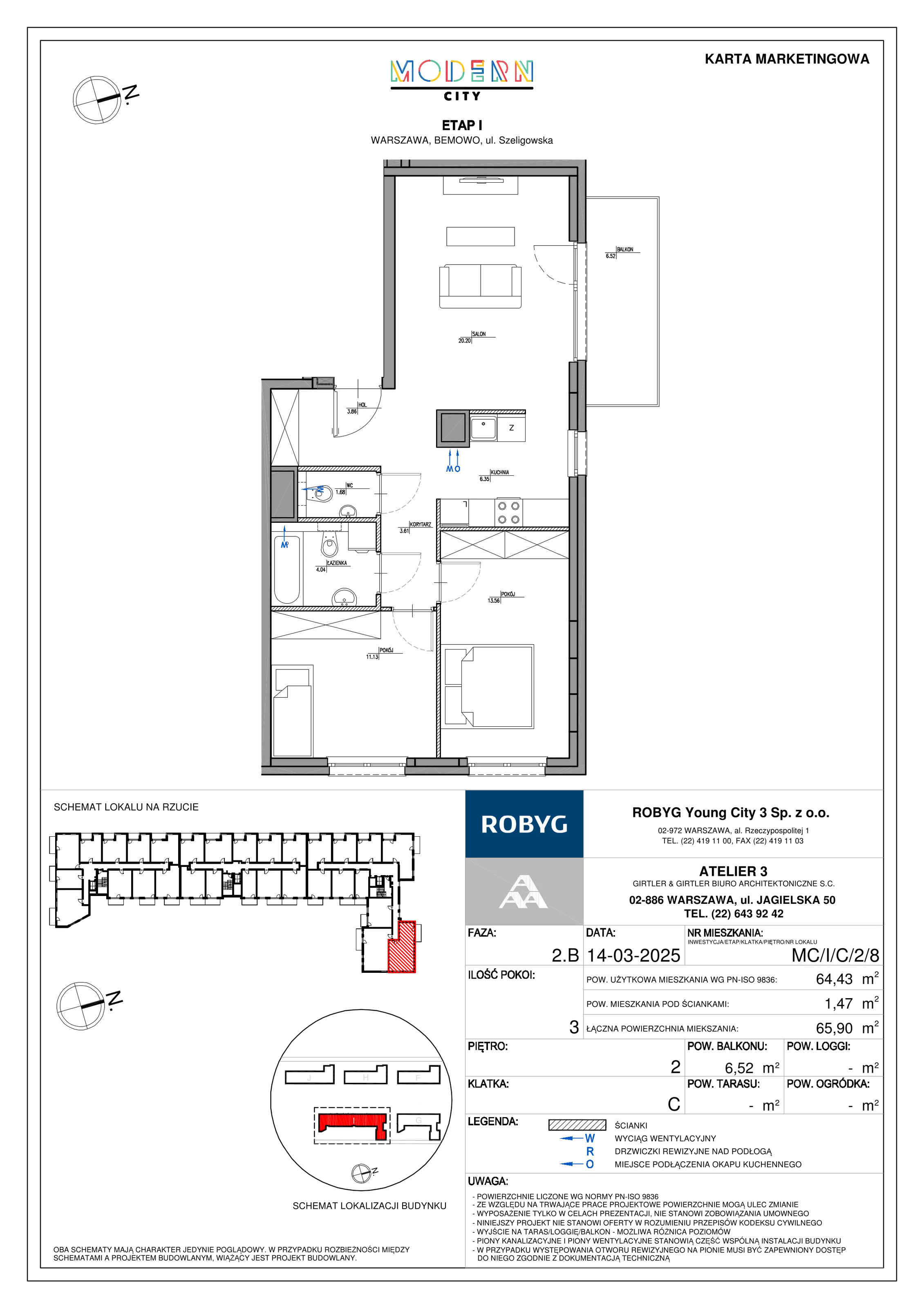 3 pokoje, mieszkanie 64,43 m², piętro 2, oferta nr MC/I/C/2/8, Modern City etap I, Warszawa, Bemowo, Chrzanów, ul. Szeligowska