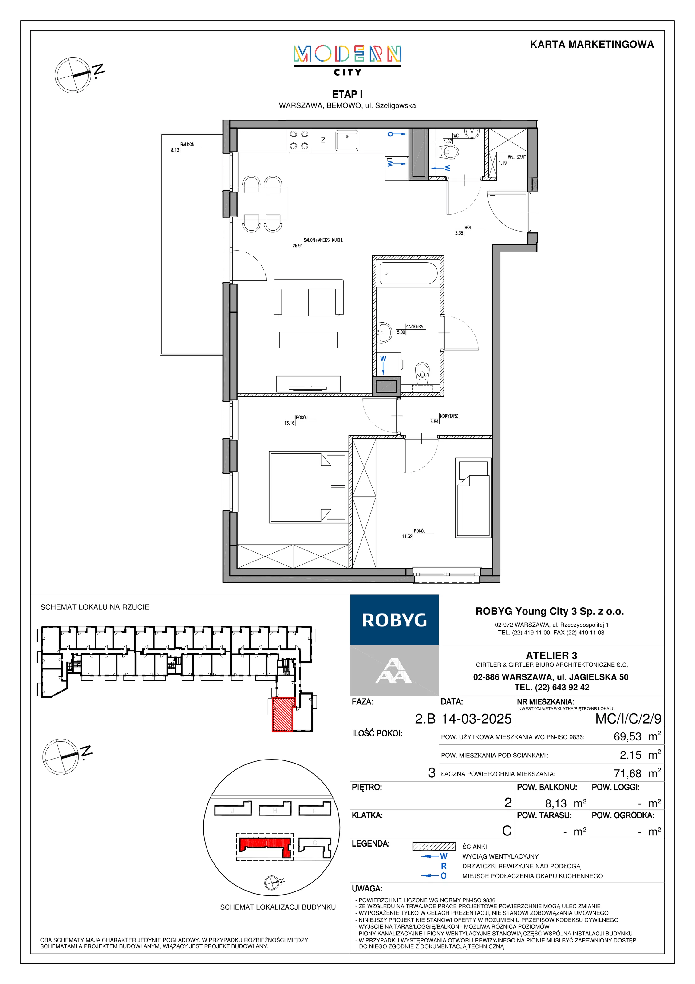 3 pokoje, mieszkanie 69,53 m², piętro 2, oferta nr MC/I/C/2/9, Modern City etap I, Warszawa, Bemowo, Chrzanów, ul. Szeligowska