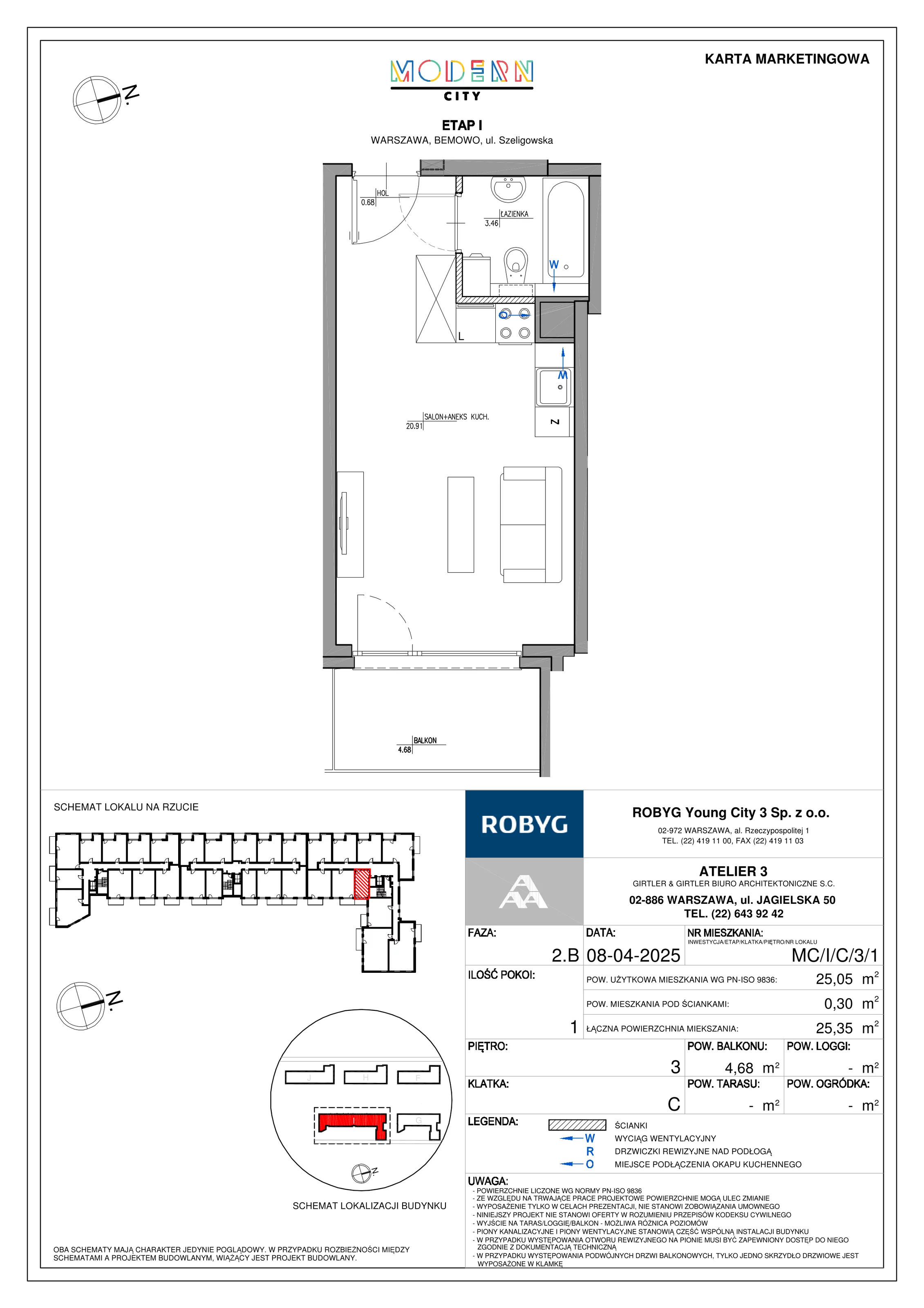 1 pokój, mieszkanie 25,05 m², piętro 3, oferta nr MC/I/C/3/1, Modern City etap I, Warszawa, Bemowo, Chrzanów, ul. Szeligowska