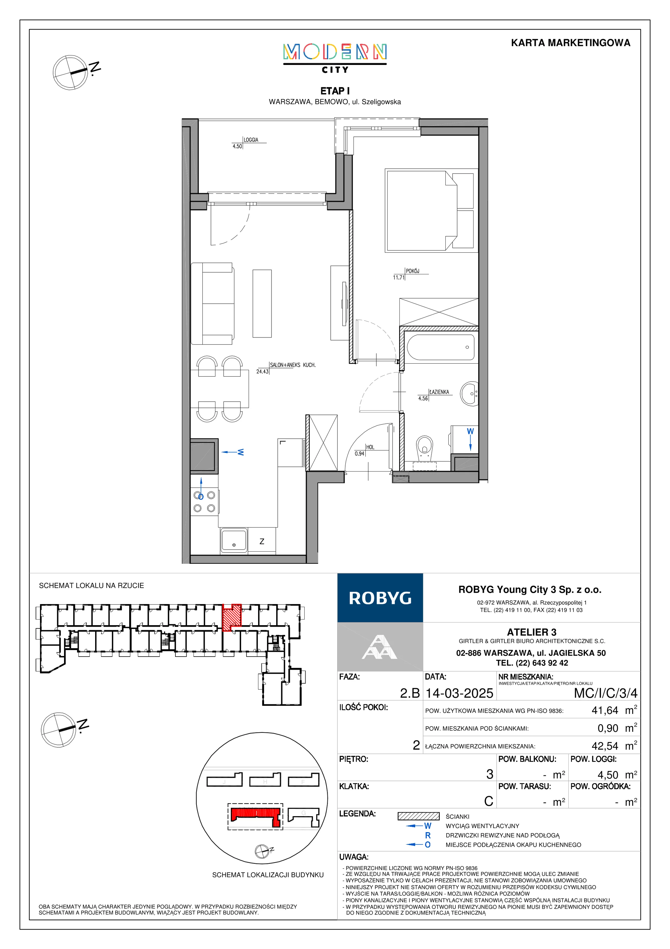 2 pokoje, mieszkanie 41,64 m², piętro 3, oferta nr MC/I/C/3/4, Modern City etap I, Warszawa, Bemowo, Chrzanów, ul. Szeligowska