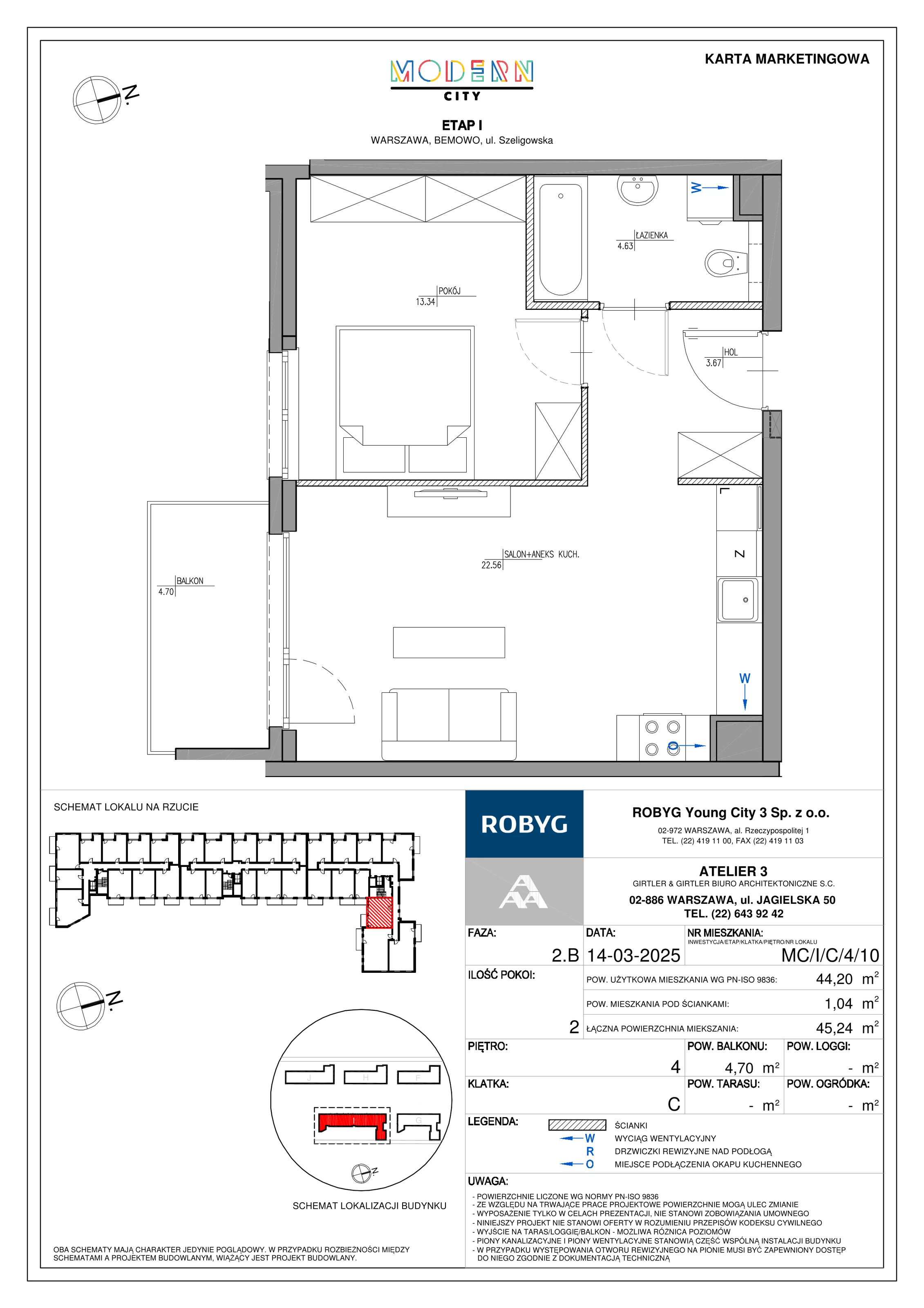 2 pokoje, mieszkanie 44,20 m², piętro 4, oferta nr MC/I/C/4/10, Modern City etap I, Warszawa, Bemowo, Chrzanów, ul. Szeligowska