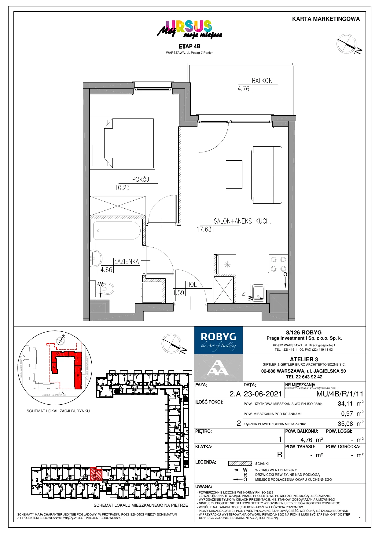 Mieszkanie 33,85 m², piętro 1, oferta nr MU/4B/R/1/11, Mój Ursus, Warszawa, Ursus, Szamoty, ul. Posag 7 Panien 9