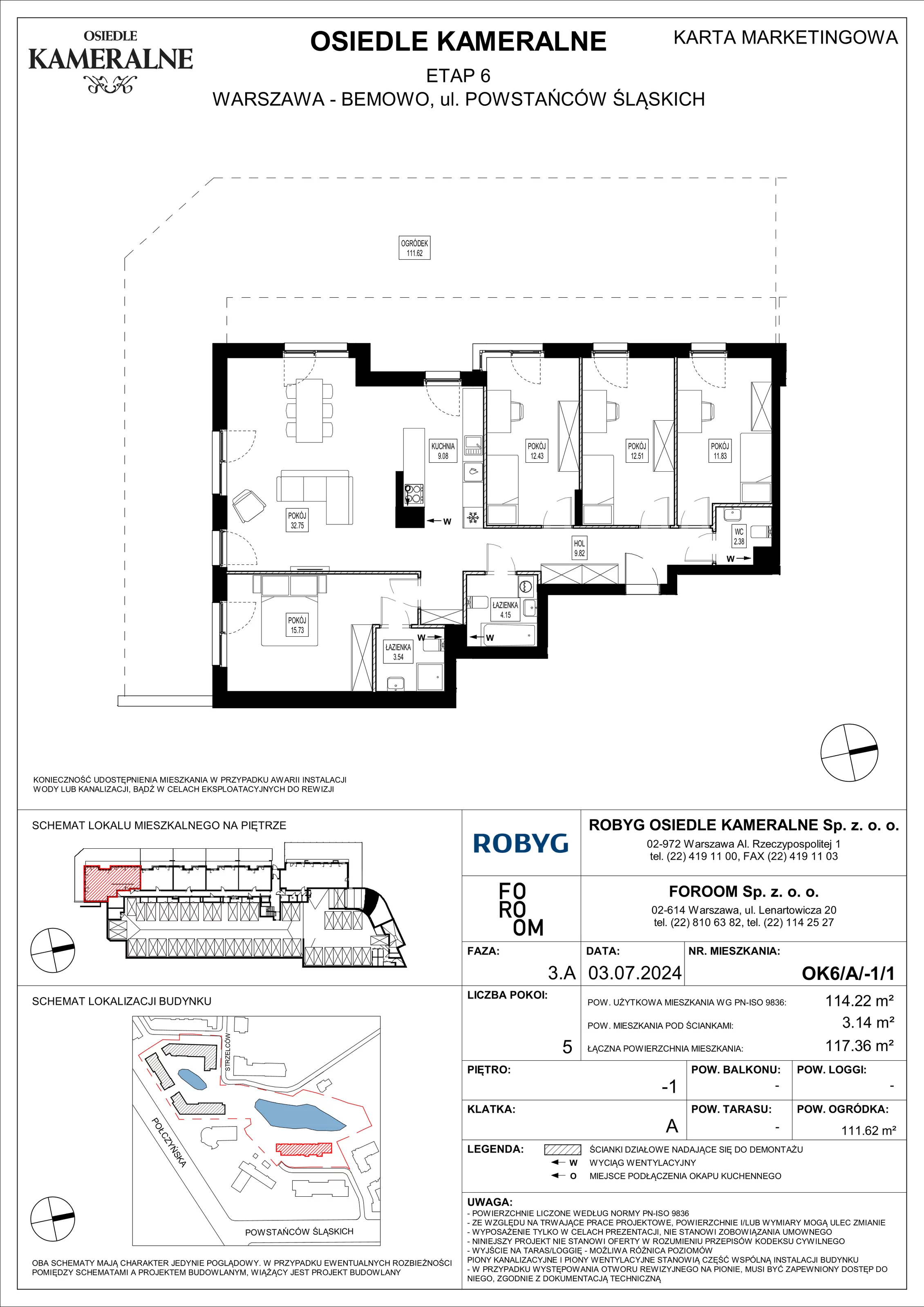 Mieszkanie 114,22 m², przyziemie, oferta nr OK6/A/-1/1, Osiedle Kameralne 6, Warszawa, Bemowo, Jelonki Południowe, ul. Powstańców Śląskich / Połczyńska