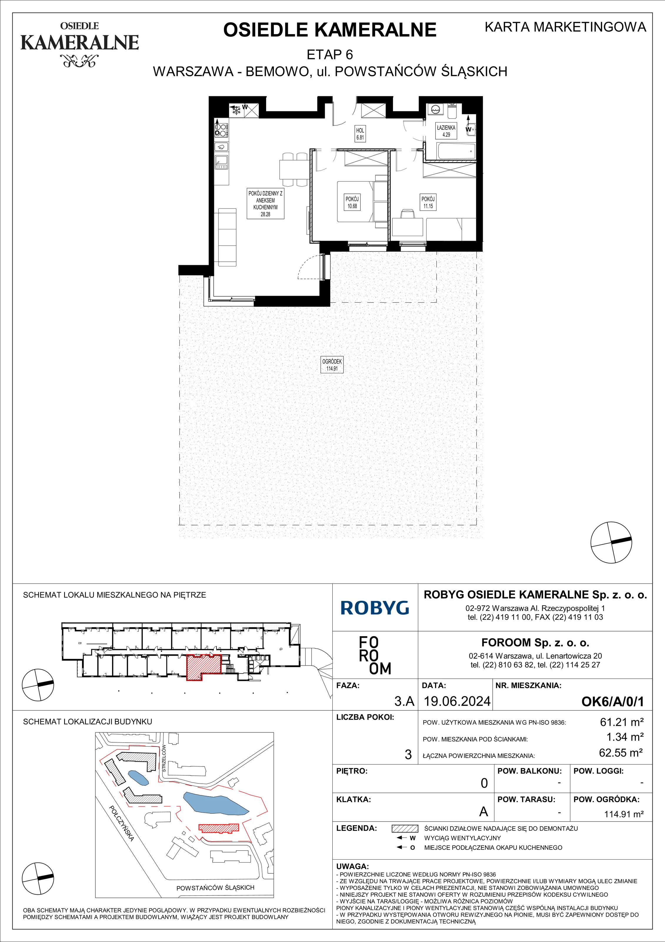 Mieszkanie 61,21 m², parter, oferta nr OK6/A/0/1, Osiedle Kameralne 6, Warszawa, Bemowo, Jelonki Południowe, ul. Powstańców Śląskich / Połczyńska