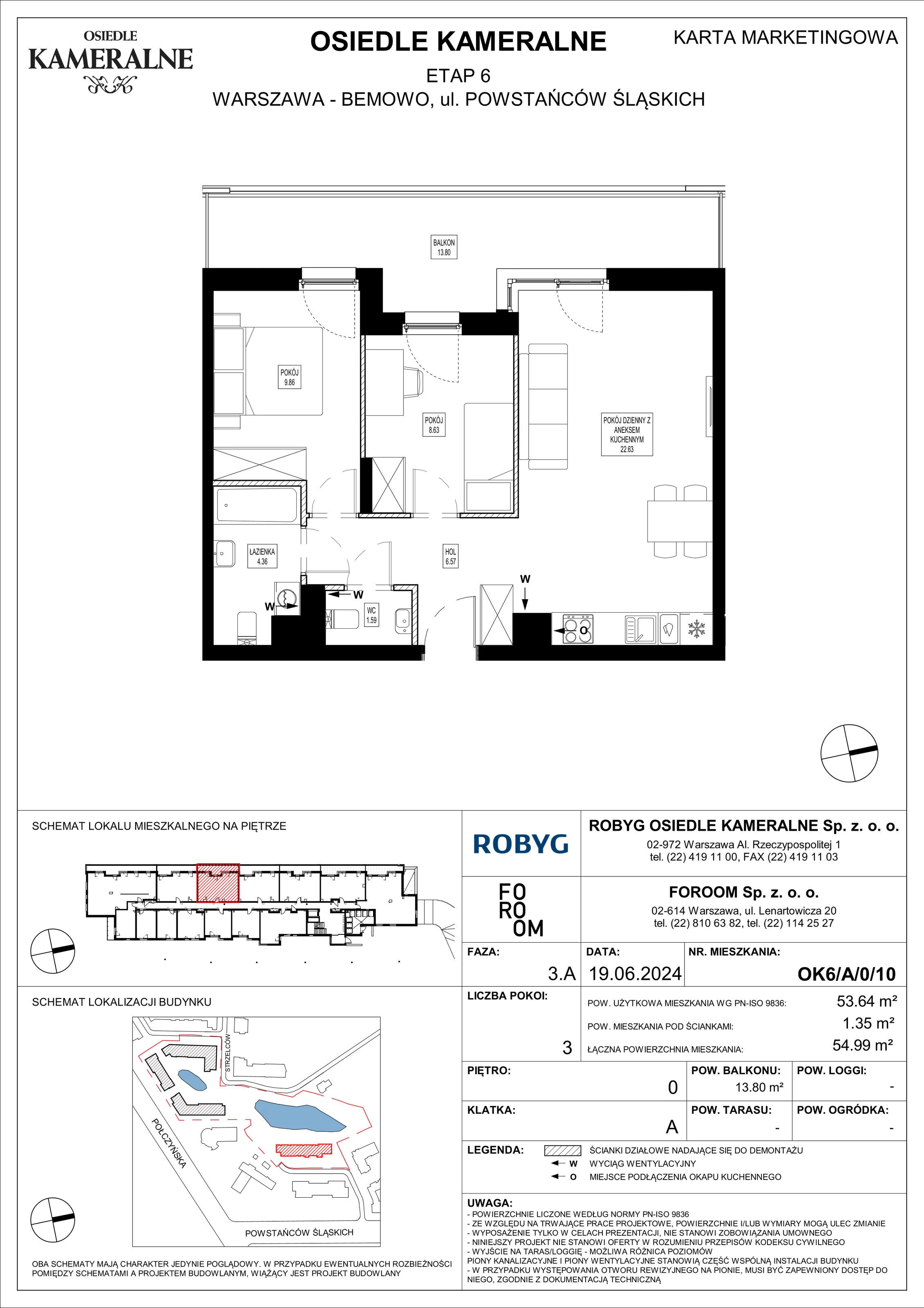 Mieszkanie 53,64 m², parter, oferta nr OK6/A/0/10, Osiedle Kameralne 6, Warszawa, Bemowo, Jelonki Południowe, ul. Powstańców Śląskich / Połczyńska