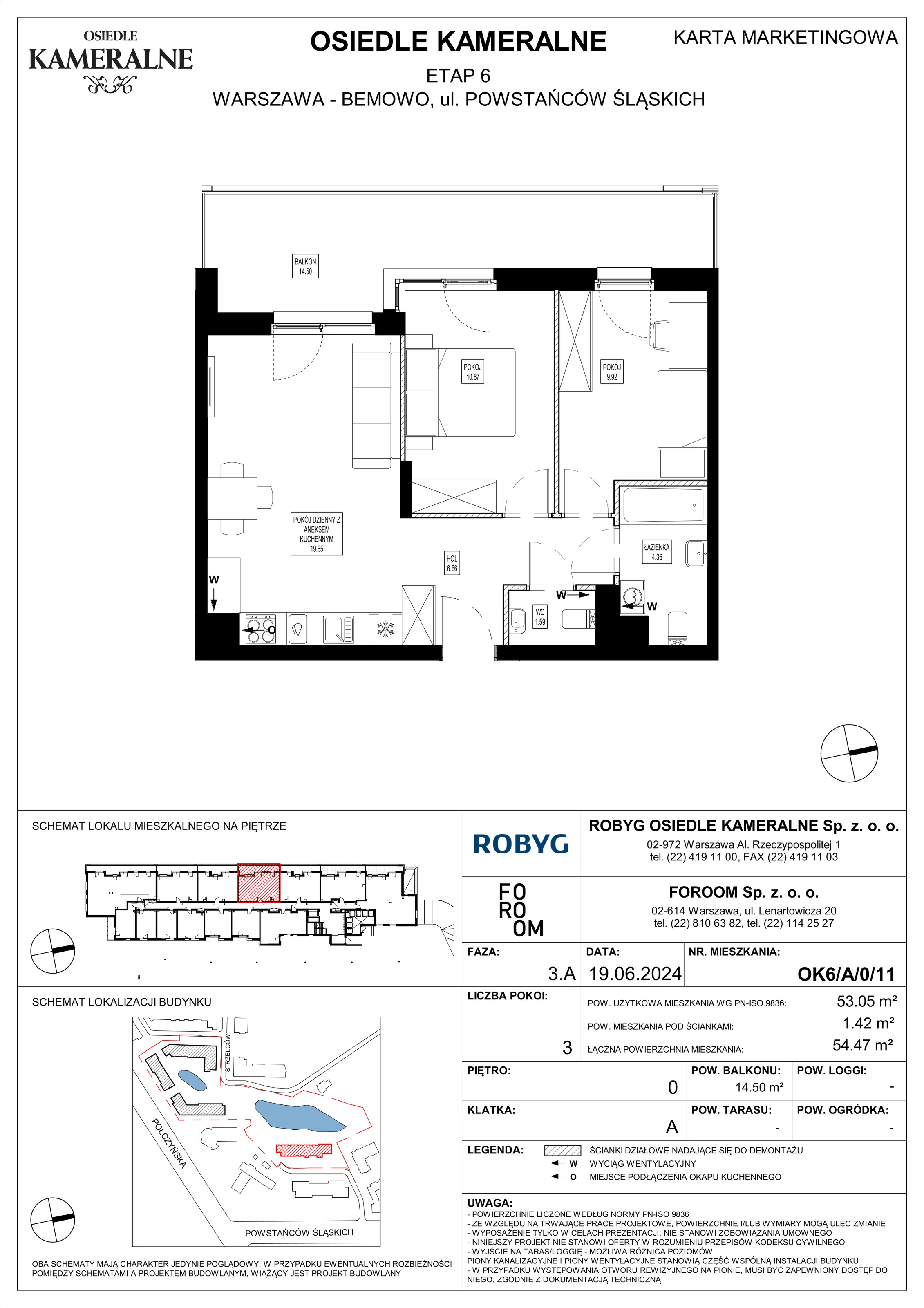 Mieszkanie 53,05 m², parter, oferta nr OK6/A/0/11, Osiedle Kameralne 6, Warszawa, Bemowo, Jelonki Południowe, ul. Powstańców Śląskich / Połczyńska