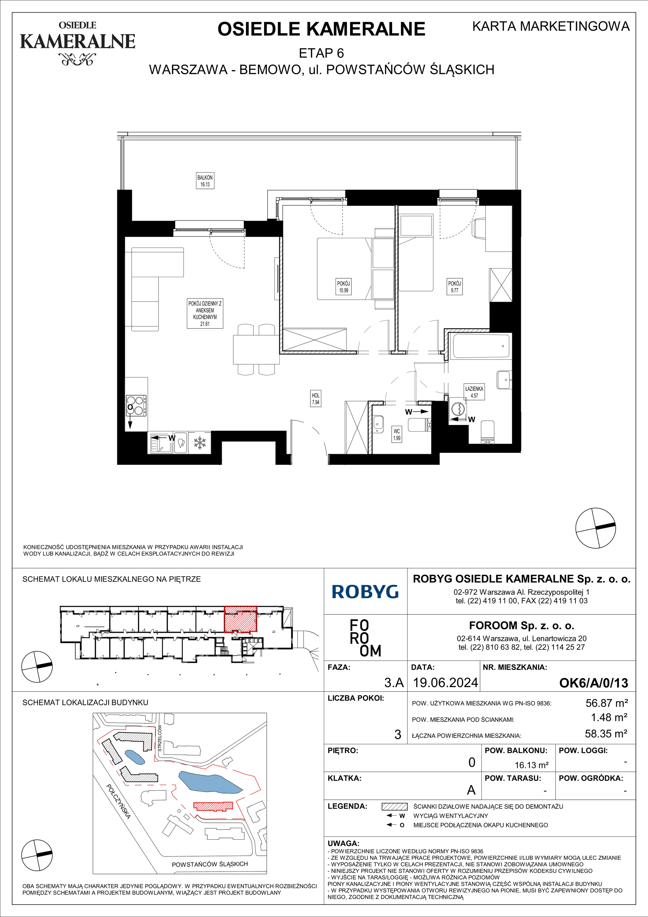 Mieszkanie 56,87 m², parter, oferta nr OK6/A/0/13, Osiedle Kameralne 6, Warszawa, Bemowo, Jelonki Południowe, ul. Powstańców Śląskich / Połczyńska