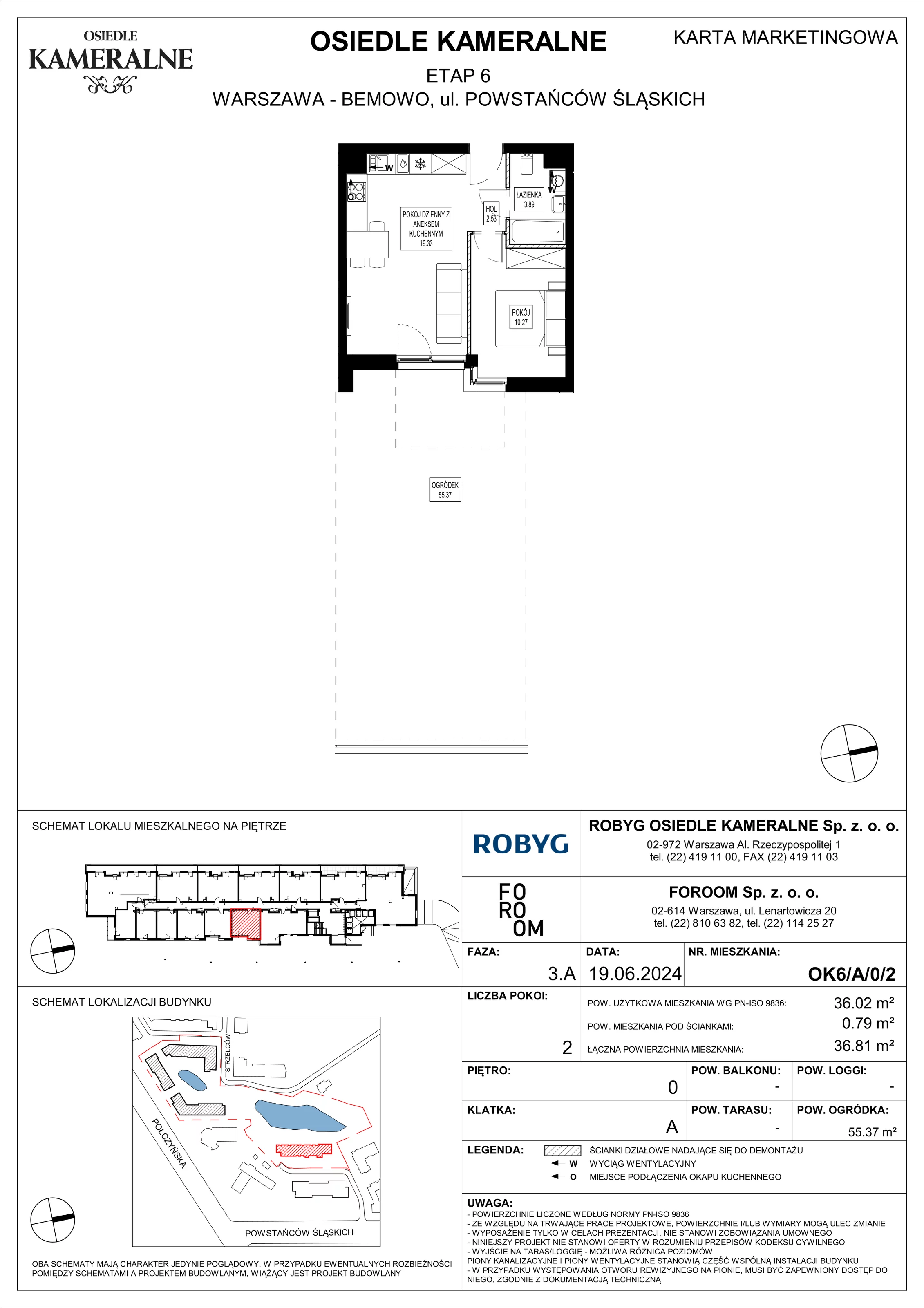 Mieszkanie 36,02 m², parter, oferta nr OK6/A/0/2, Osiedle Kameralne 6, Warszawa, Bemowo, Jelonki Południowe, ul. Powstańców Śląskich / Połczyńska