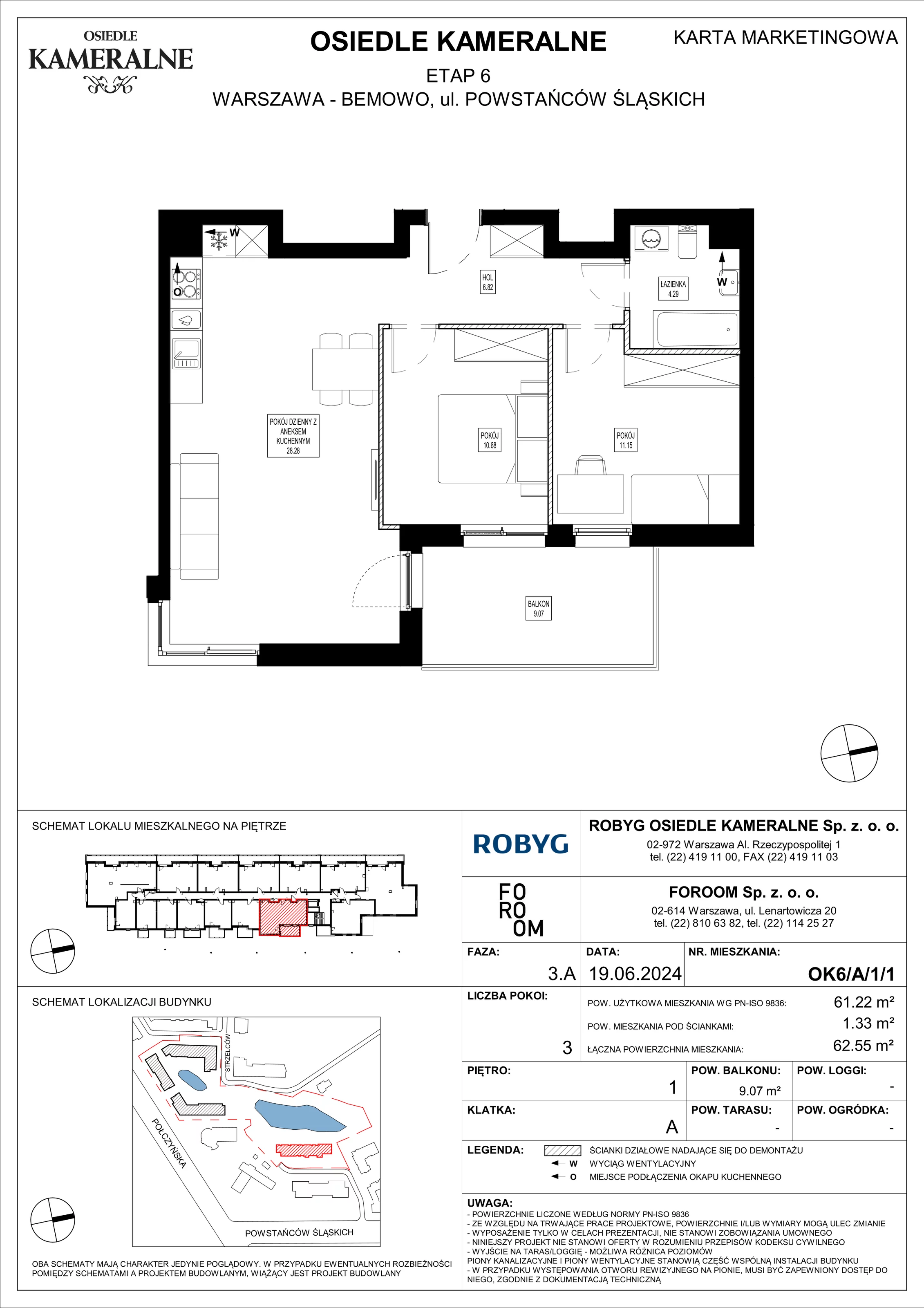 Mieszkanie 61,22 m², piętro 1, oferta nr OK6/A/1/1, Osiedle Kameralne 6, Warszawa, Bemowo, Jelonki Południowe, ul. Powstańców Śląskich / Połczyńska