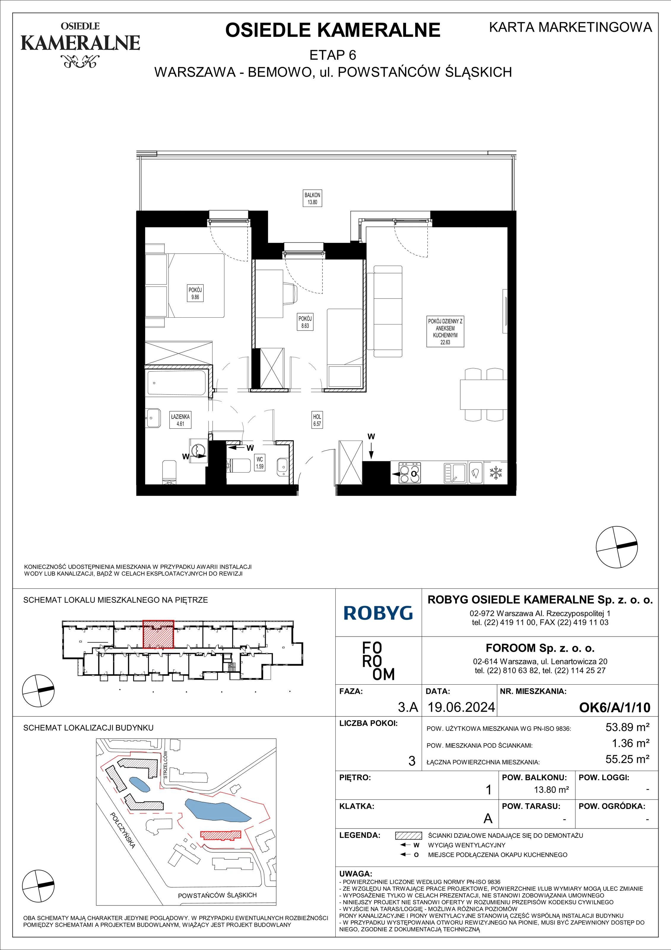 Mieszkanie 53,89 m², piętro 1, oferta nr OK6/A/1/10, Osiedle Kameralne 6, Warszawa, Bemowo, Jelonki Południowe, ul. Powstańców Śląskich / Połczyńska