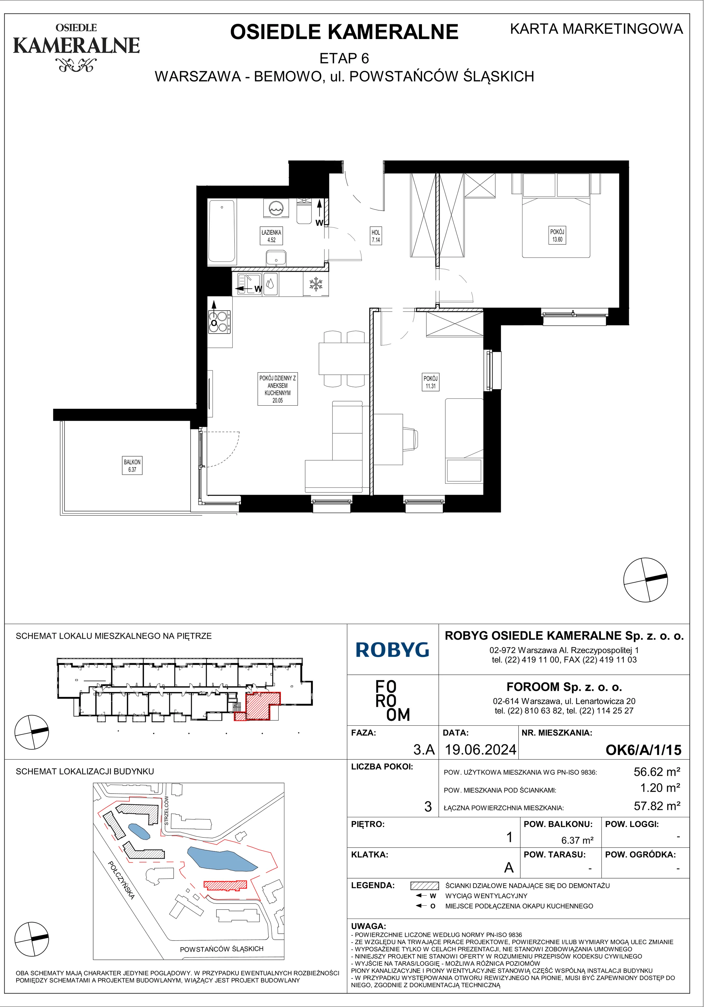 Mieszkanie 56,62 m², piętro 1, oferta nr OK6/A/1/15, Osiedle Kameralne 6, Warszawa, Bemowo, Jelonki Południowe, ul. Powstańców Śląskich / Połczyńska