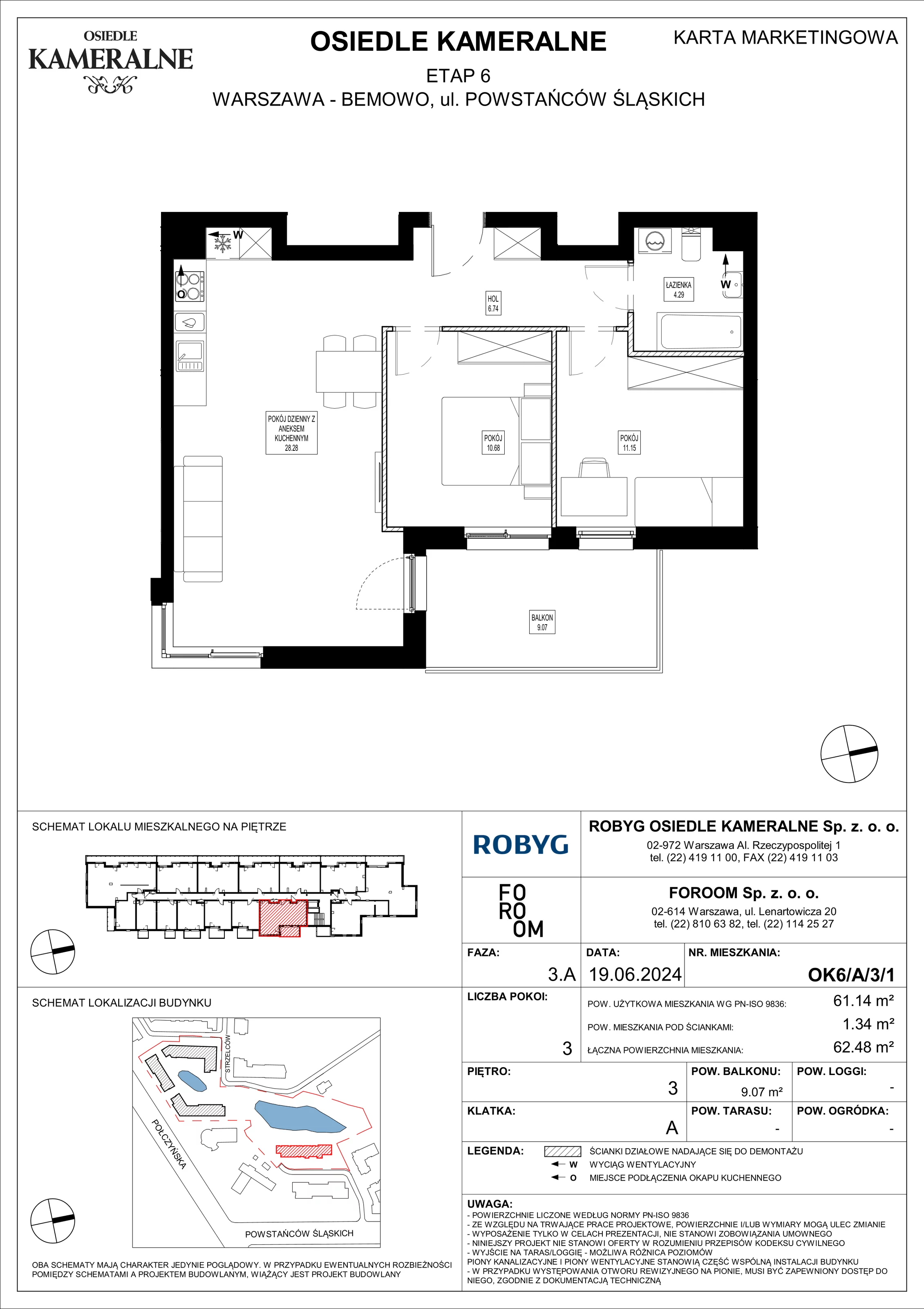 Mieszkanie 61,14 m², piętro 3, oferta nr OK6/A/3/1, Osiedle Kameralne 6, Warszawa, Bemowo, Jelonki Południowe, ul. Powstańców Śląskich / Połczyńska