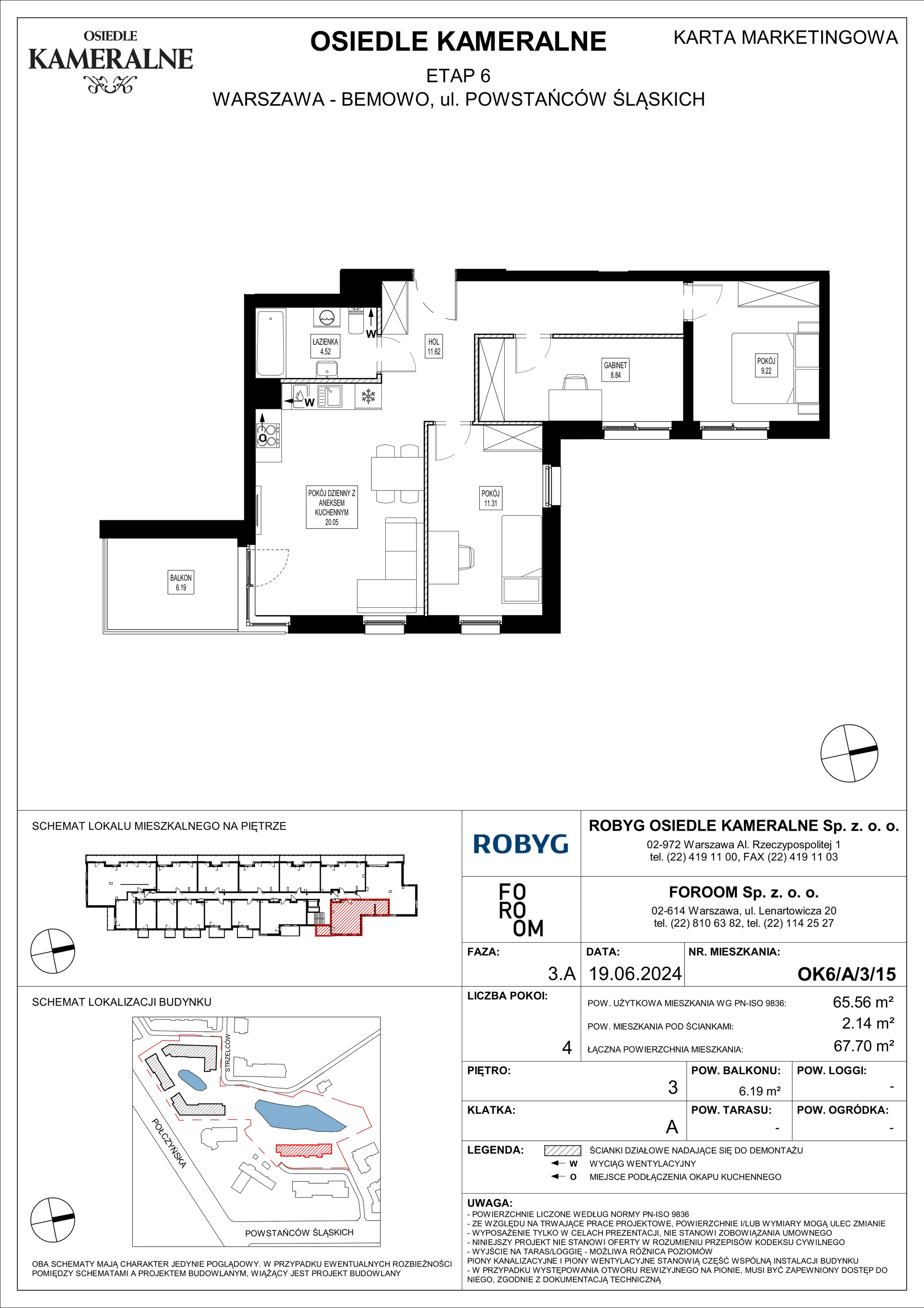 Mieszkanie 65,56 m², piętro 3, oferta nr OK6/A/3/15, Osiedle Kameralne 6, Warszawa, Bemowo, Jelonki Południowe, ul. Powstańców Śląskich / Połczyńska