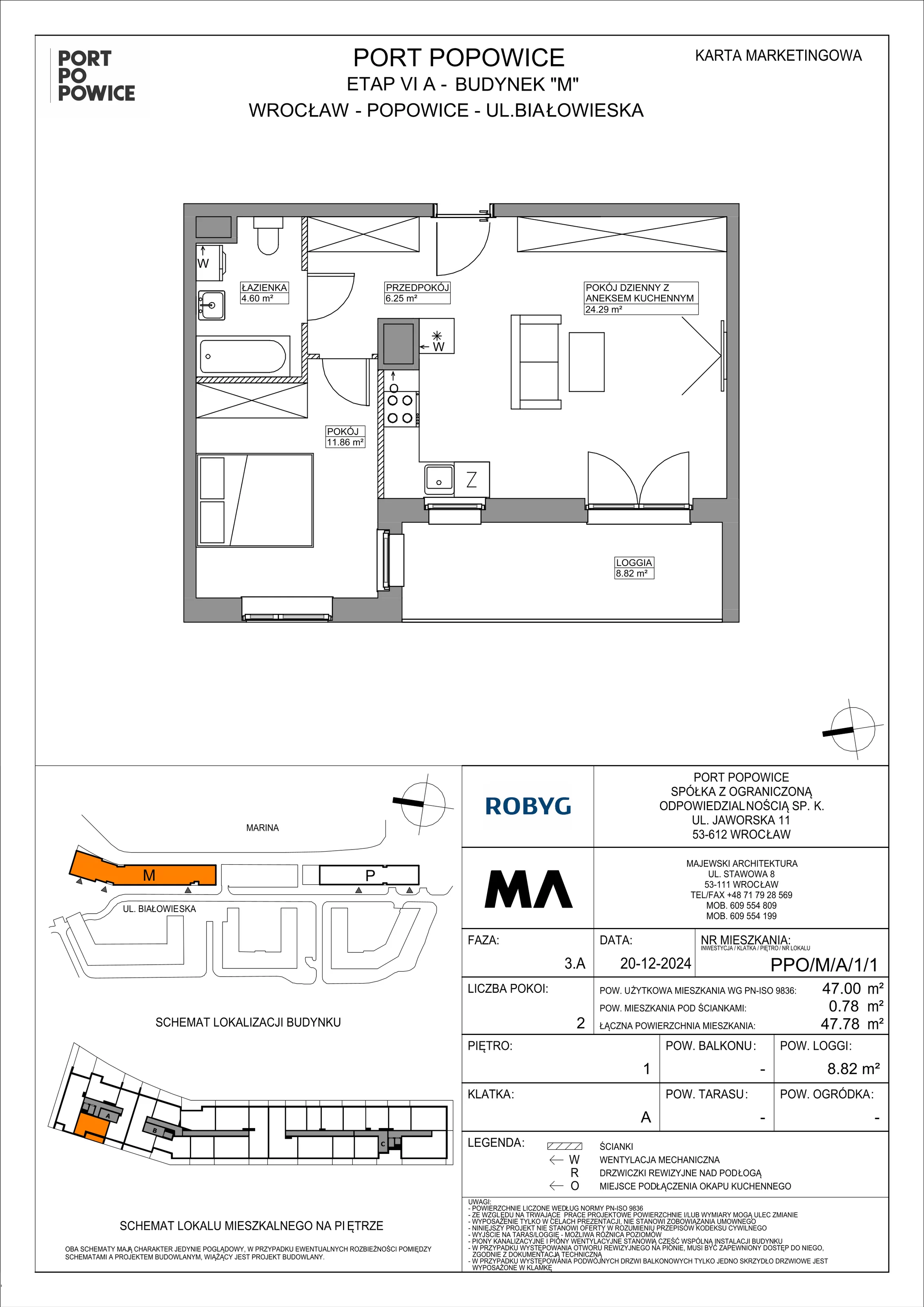 2 pokoje, mieszkanie 47,00 m², piętro 1, oferta nr PPO/M/A/1/1, Port Popowice IVa, Wrocław, Pilczyce-Kozanów-Popowice Północne, Popowice, ul. Białowieska