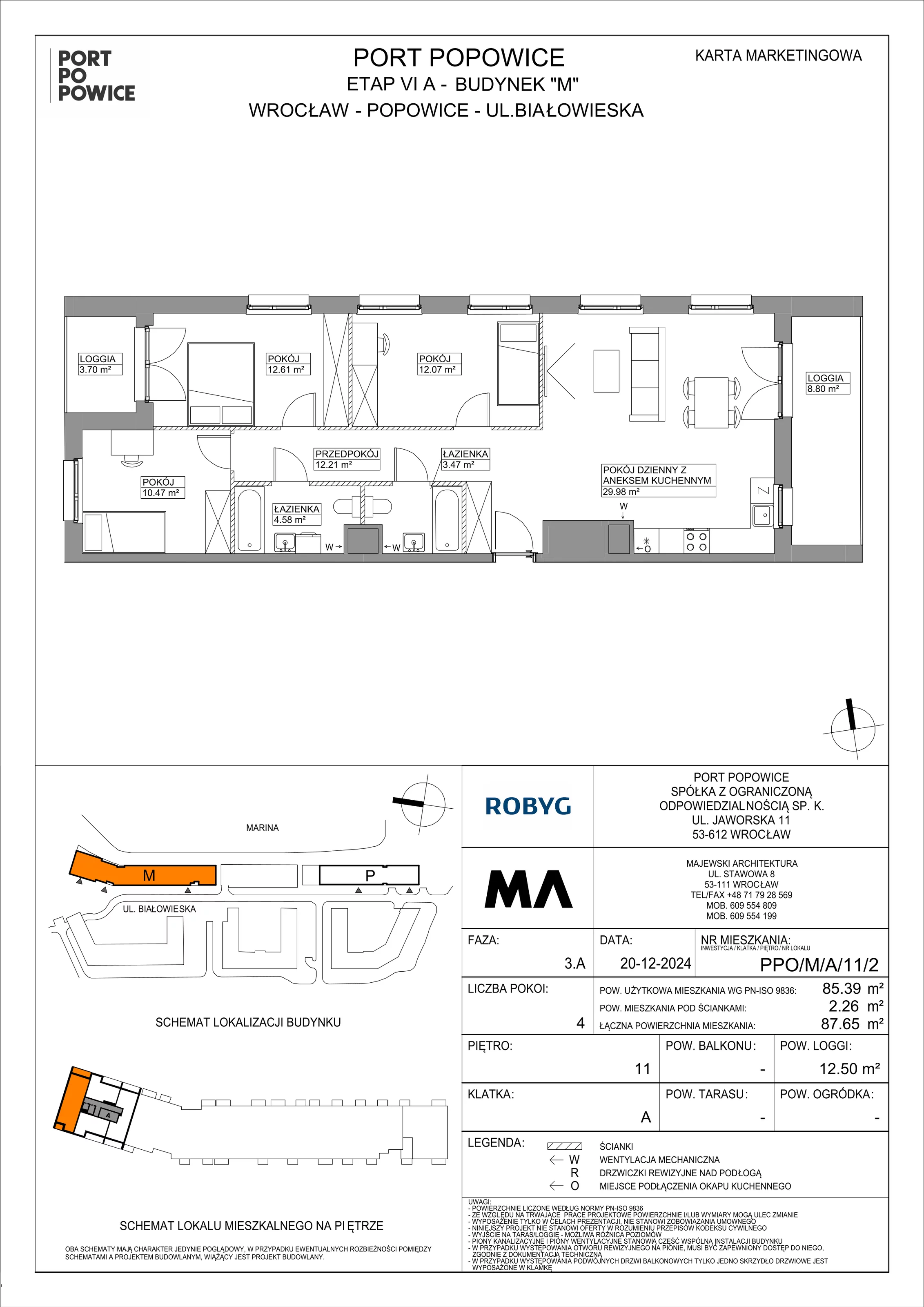 4 pokoje, mieszkanie 85,39 m², piętro 11, oferta nr PPO/M/A/11/2, Port Popowice IVa, Wrocław, Pilczyce-Kozanów-Popowice Północne, Popowice, ul. Białowieska