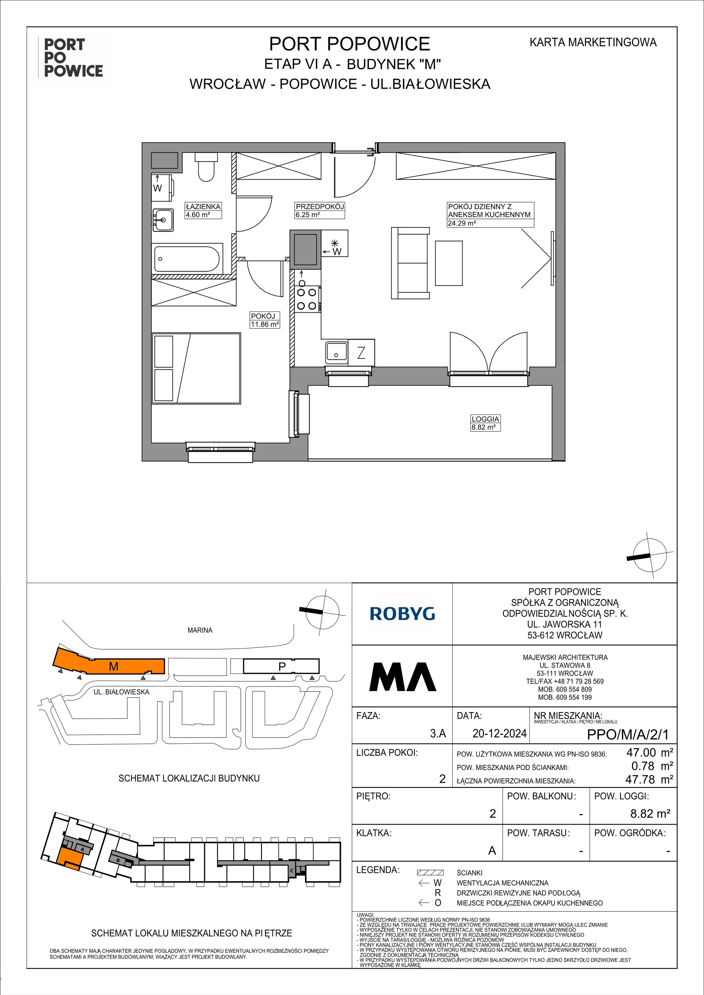 2 pokoje, mieszkanie 47,00 m², piętro 2, oferta nr PPO/M/A/2/1, Port Popowice IVa, Wrocław, Pilczyce-Kozanów-Popowice Północne, Popowice, ul. Białowieska