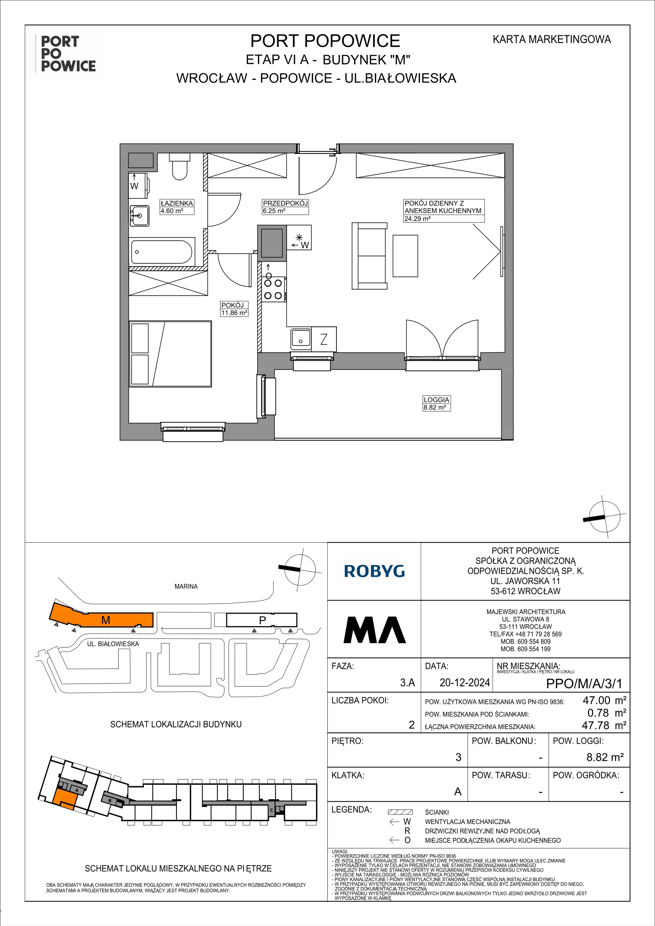 2 pokoje, mieszkanie 47,00 m², piętro 3, oferta nr PPO/M/A/3/1, Port Popowice IVa, Wrocław, Pilczyce-Kozanów-Popowice Północne, Popowice, ul. Białowieska