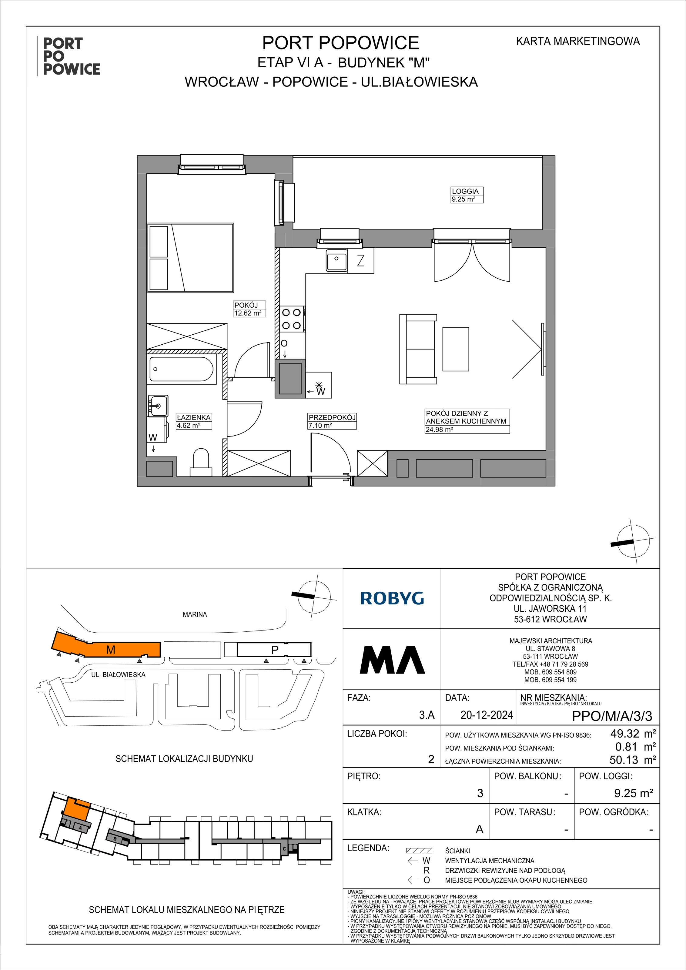 2 pokoje, mieszkanie 49,32 m², piętro 3, oferta nr PPO/M/A/3/3, Port Popowice IVa, Wrocław, Pilczyce-Kozanów-Popowice Północne, Popowice, ul. Białowieska