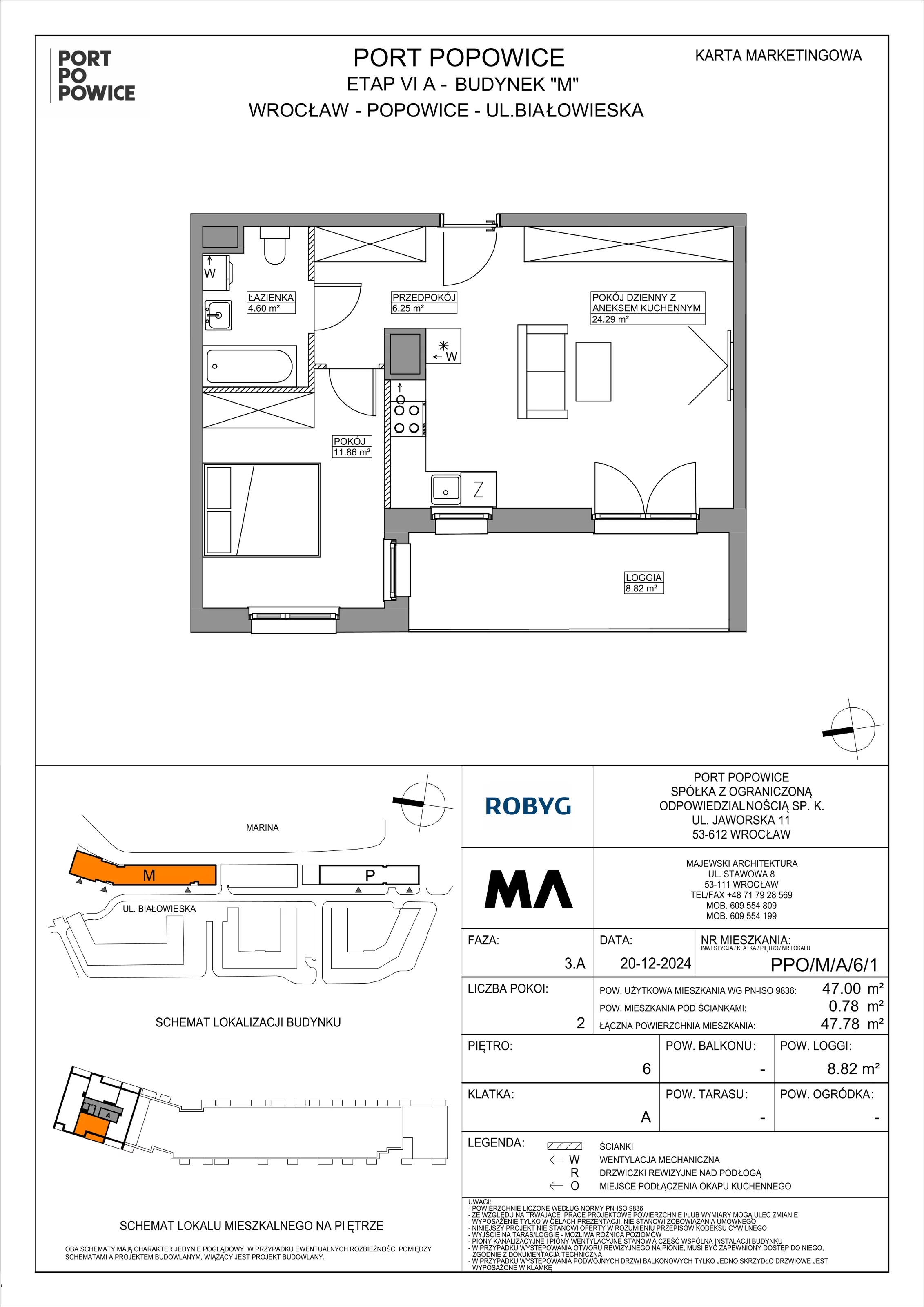 2 pokoje, mieszkanie 47,00 m², piętro 6, oferta nr PPO/M/A/6/1, Port Popowice IVa, Wrocław, Pilczyce-Kozanów-Popowice Północne, Popowice, ul. Białowieska