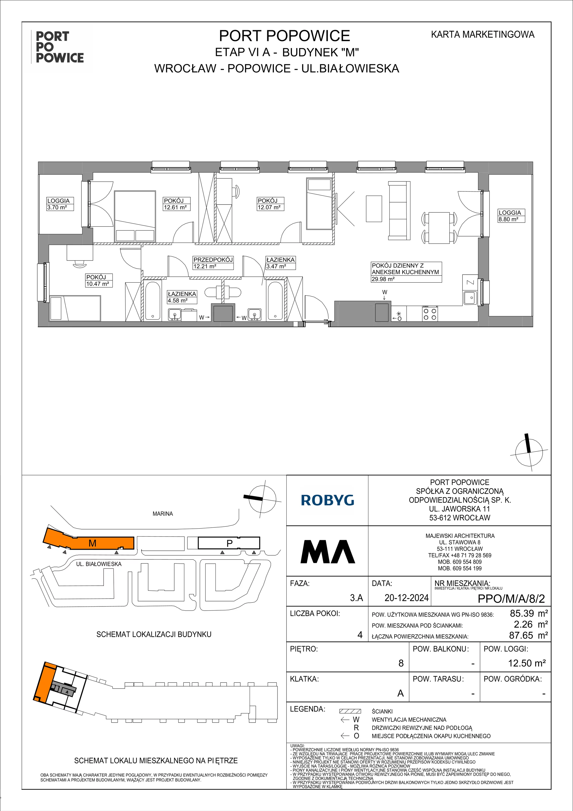 4 pokoje, mieszkanie 85,39 m², piętro 8, oferta nr PPO/M/A/8/2, Port Popowice IVa, Wrocław, Pilczyce-Kozanów-Popowice Północne, Popowice, ul. Białowieska