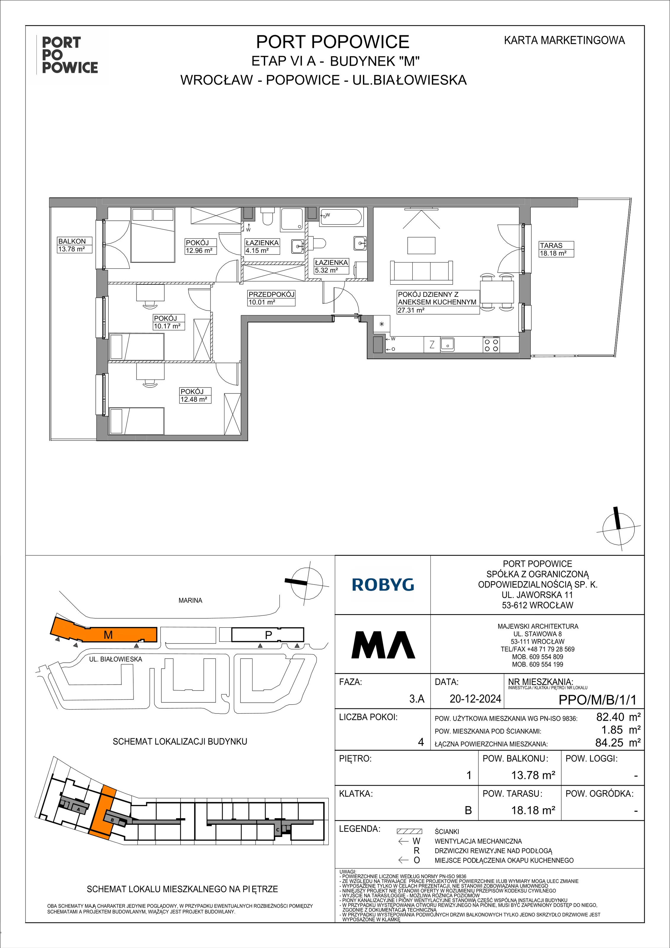 4 pokoje, mieszkanie 82,40 m², piętro 1, oferta nr PPO/M/B/1/1, Port Popowice IVa, Wrocław, Pilczyce-Kozanów-Popowice Północne, Popowice, ul. Białowieska