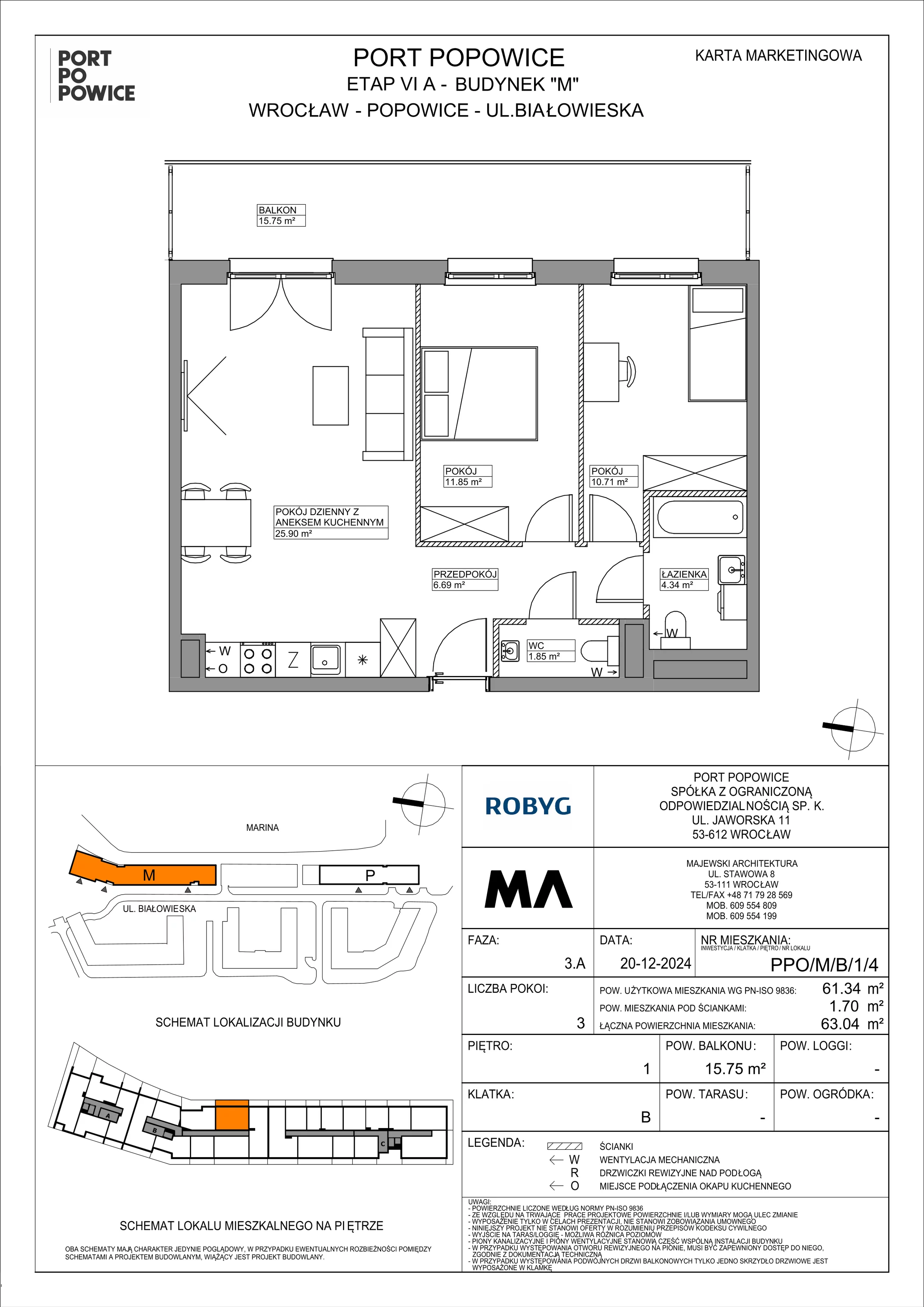 3 pokoje, mieszkanie 61,34 m², piętro 1, oferta nr PPO/M/B/1/4, Port Popowice IVa, Wrocław, Pilczyce-Kozanów-Popowice Północne, Popowice, ul. Białowieska