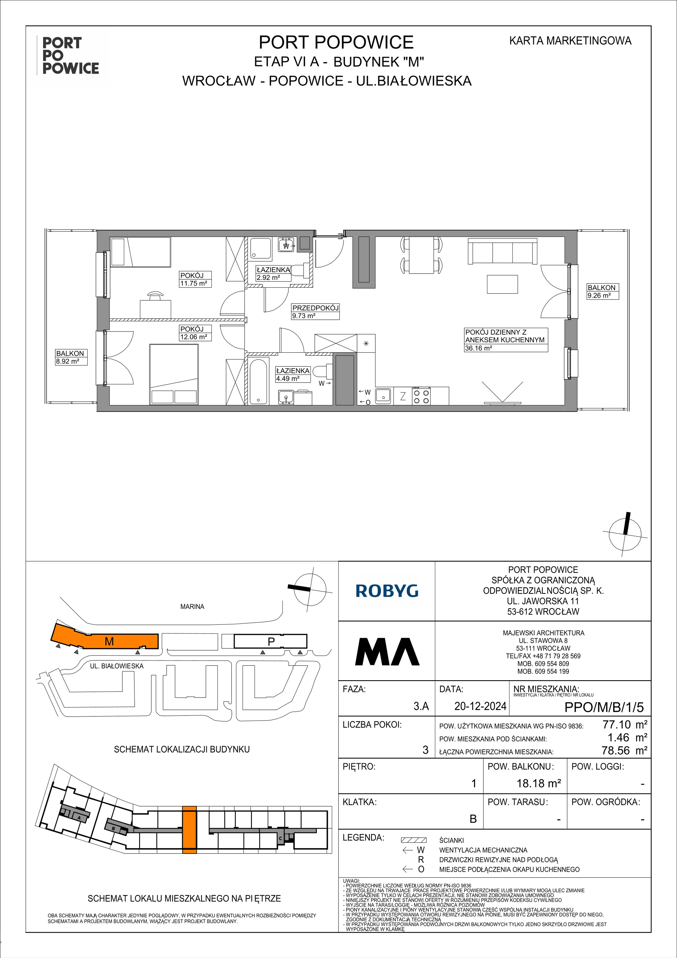 3 pokoje, mieszkanie 77,10 m², piętro 1, oferta nr PPO/M/B/1/5, Port Popowice IVa, Wrocław, Pilczyce-Kozanów-Popowice Północne, Popowice, ul. Białowieska