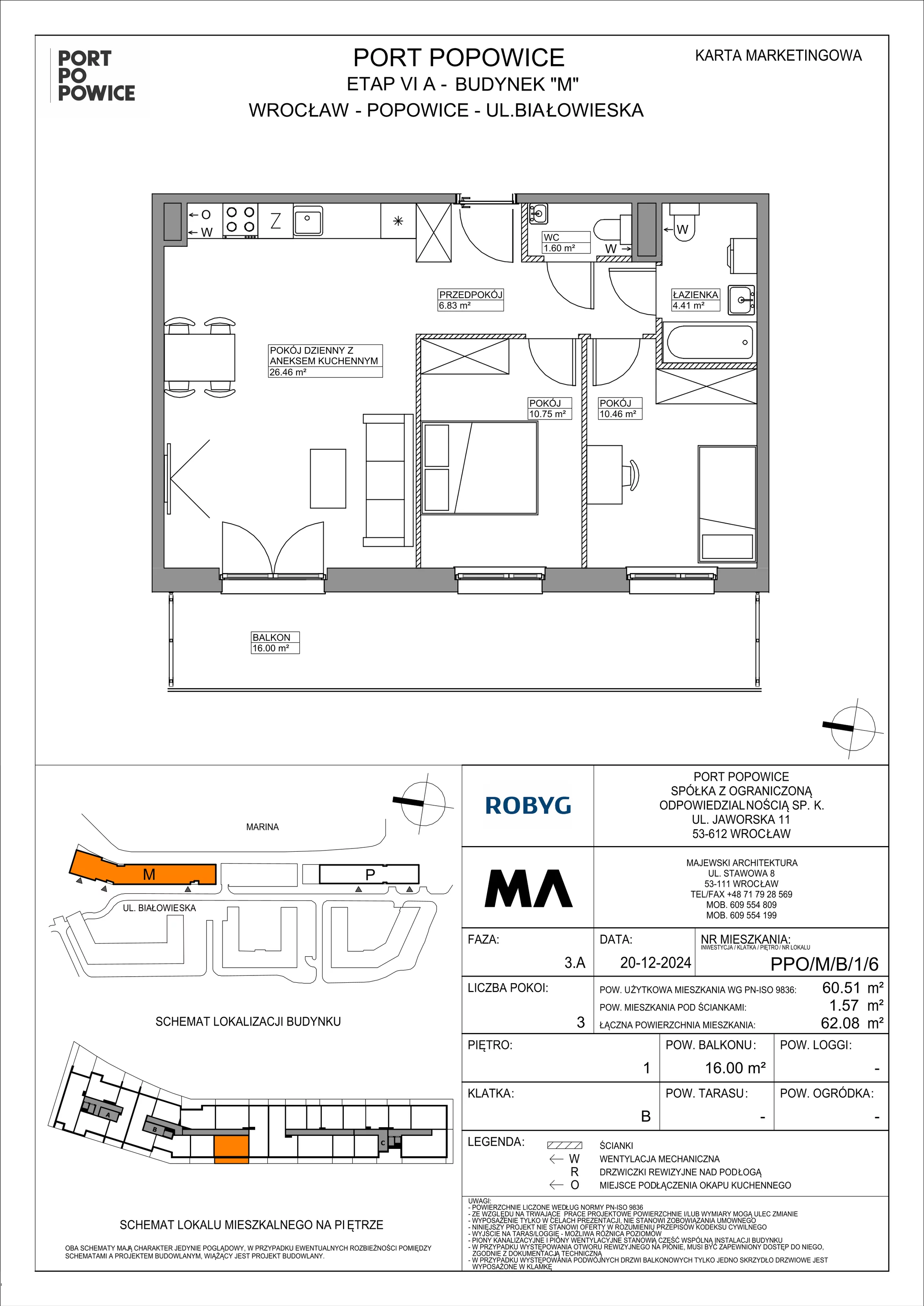 3 pokoje, mieszkanie 60,51 m², piętro 1, oferta nr PPO/M/B/1/6, Port Popowice IVa, Wrocław, Pilczyce-Kozanów-Popowice Północne, Popowice, ul. Białowieska