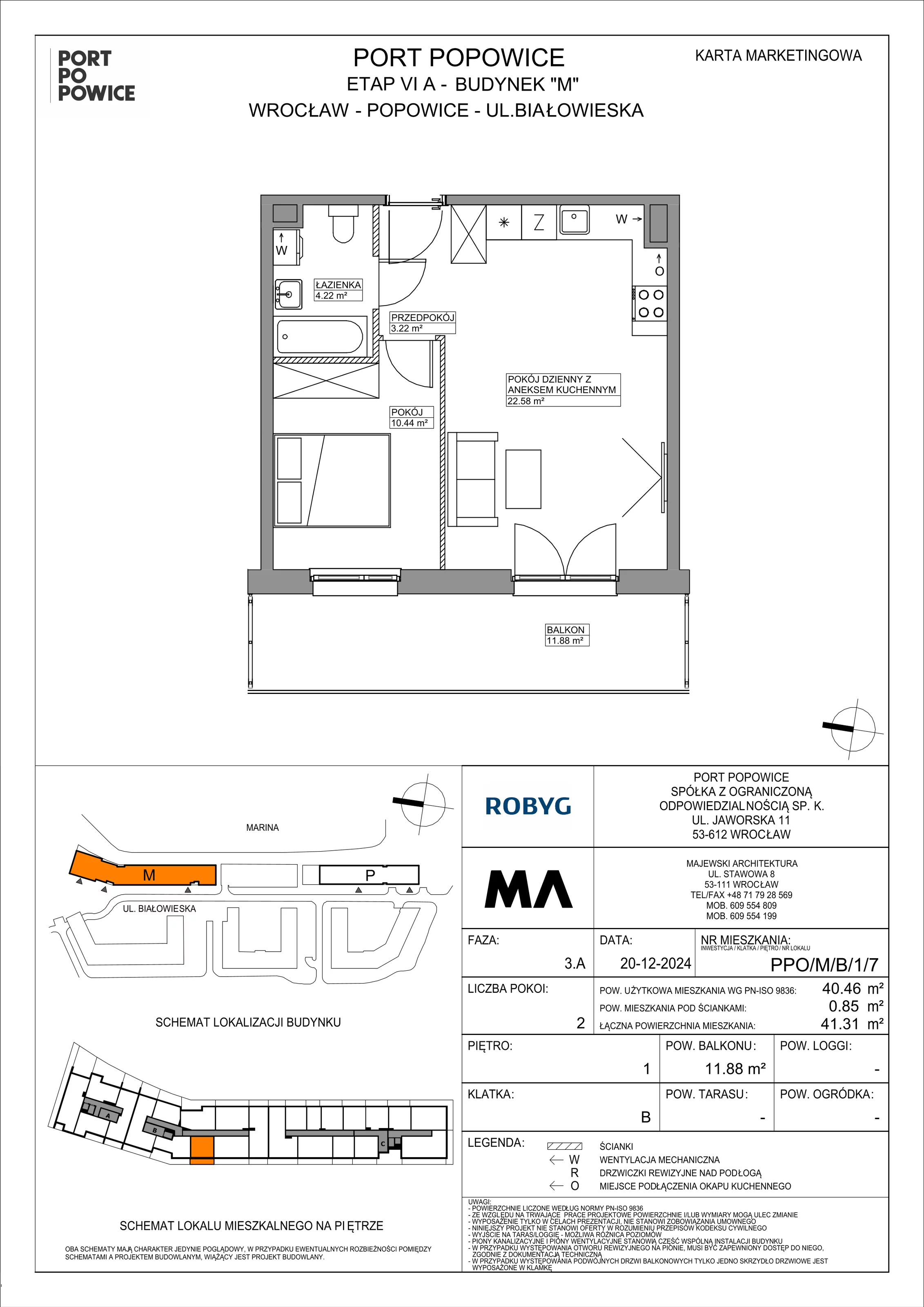 2 pokoje, mieszkanie 40,46 m², piętro 1, oferta nr PPO/M/B/1/7, Port Popowice IVa, Wrocław, Pilczyce-Kozanów-Popowice Północne, Popowice, ul. Białowieska