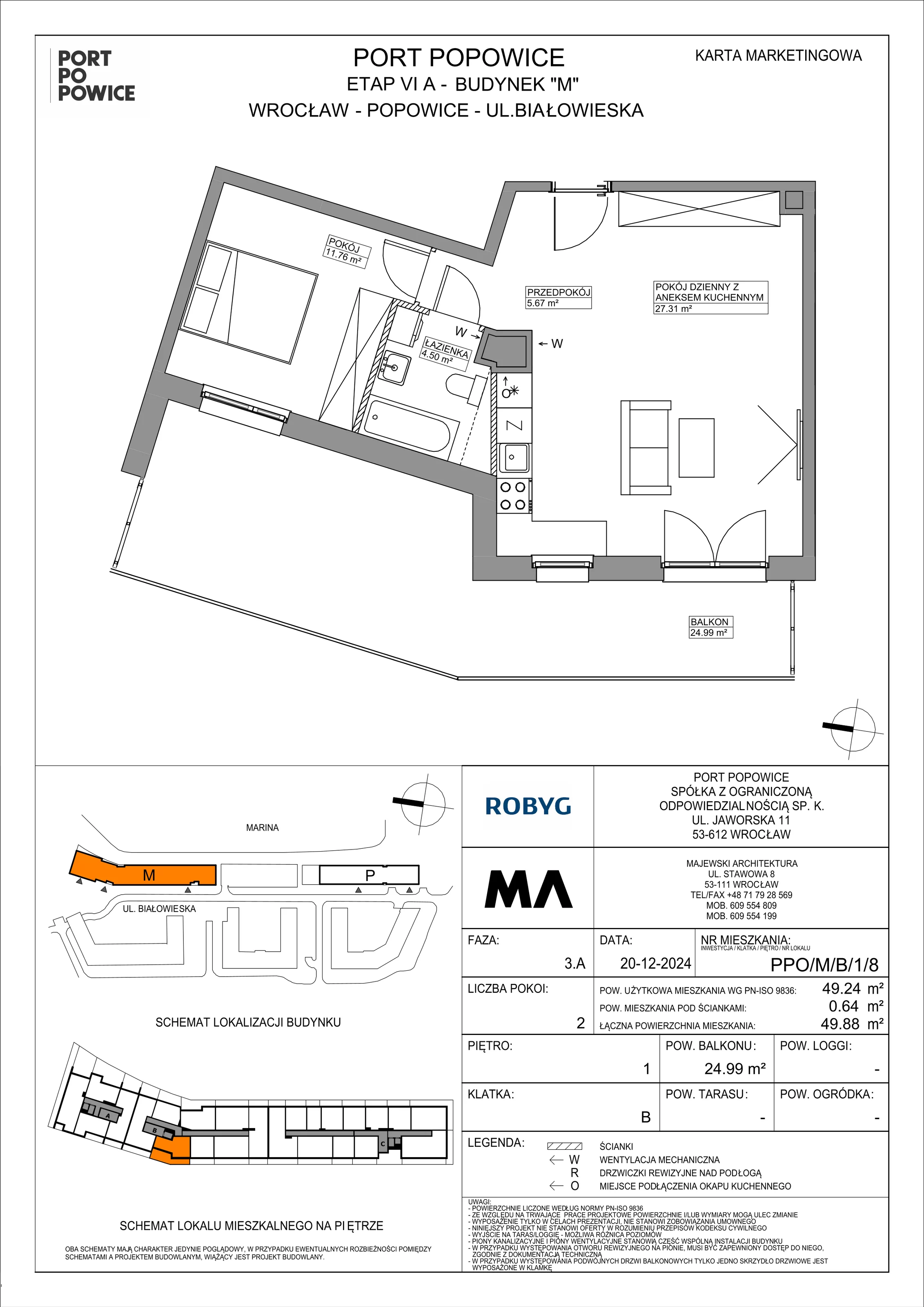 2 pokoje, mieszkanie 49,24 m², piętro 1, oferta nr PPO/M/B/1/8, Port Popowice IVa, Wrocław, Pilczyce-Kozanów-Popowice Północne, Popowice, ul. Białowieska