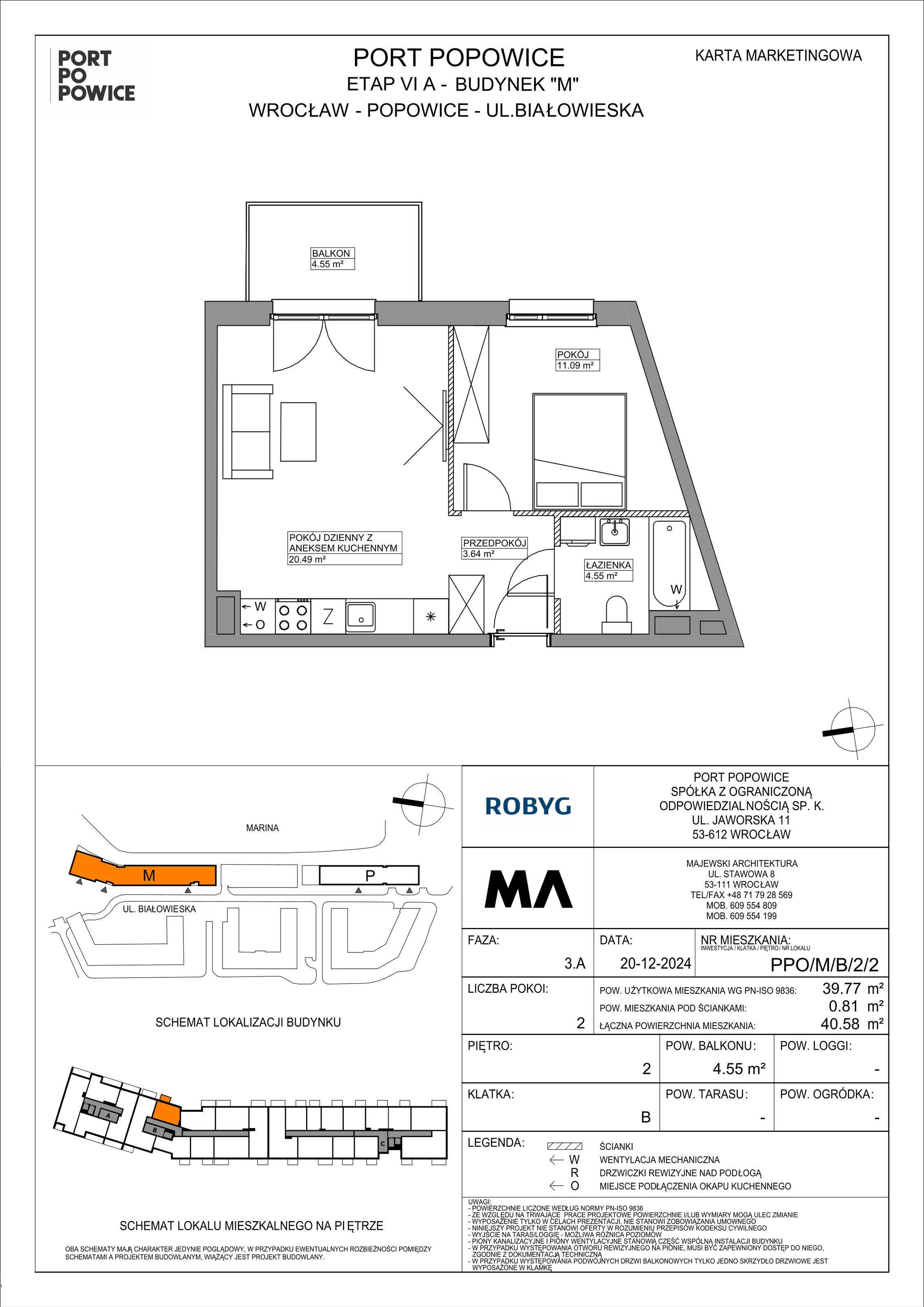 2 pokoje, mieszkanie 39,77 m², piętro 2, oferta nr PPO/M/B/2/2, Port Popowice IVa, Wrocław, Pilczyce-Kozanów-Popowice Północne, Popowice, ul. Białowieska