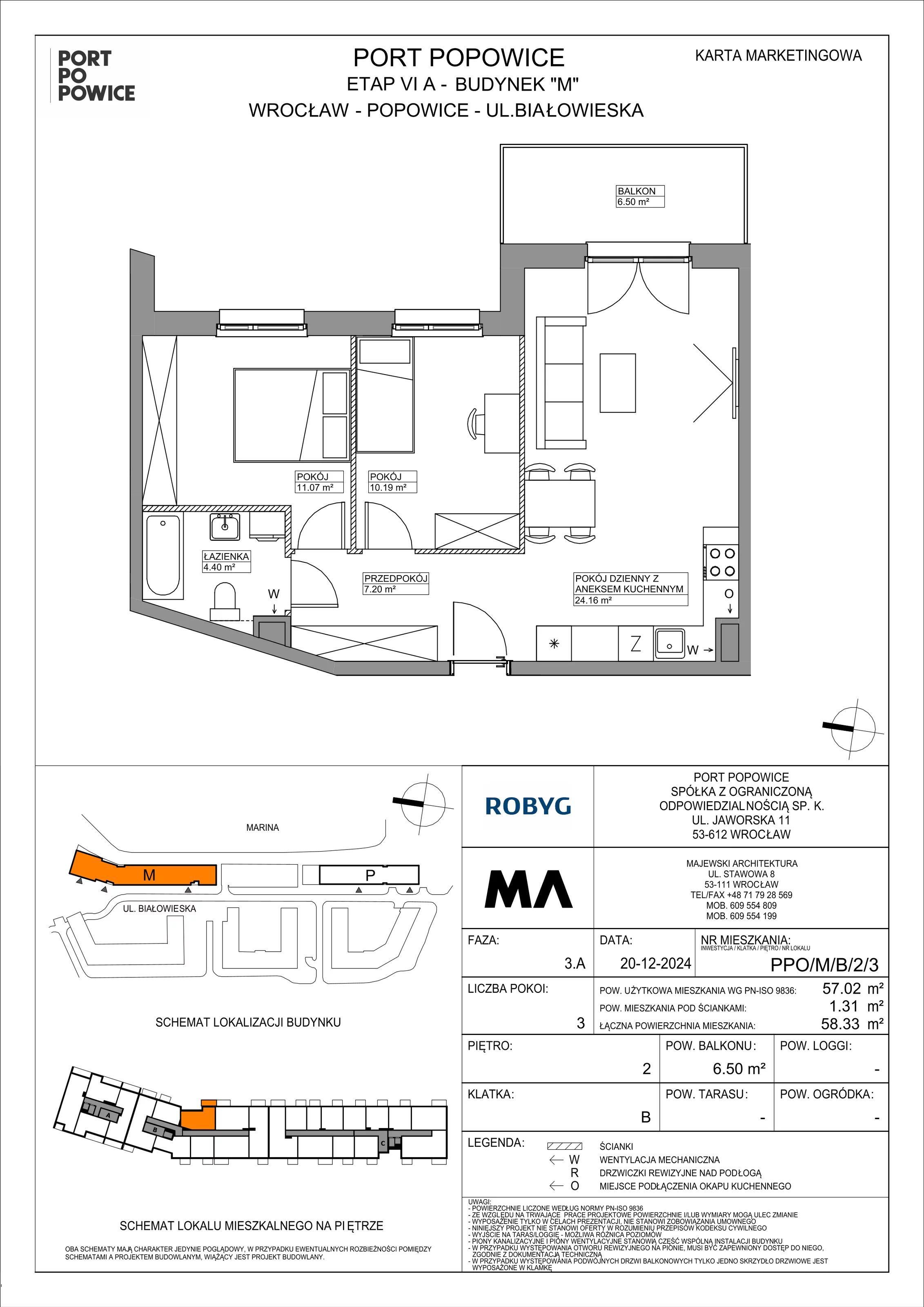 3 pokoje, mieszkanie 57,02 m², piętro 2, oferta nr PPO/M/B/2/3, Port Popowice IVa, Wrocław, Pilczyce-Kozanów-Popowice Północne, Popowice, ul. Białowieska