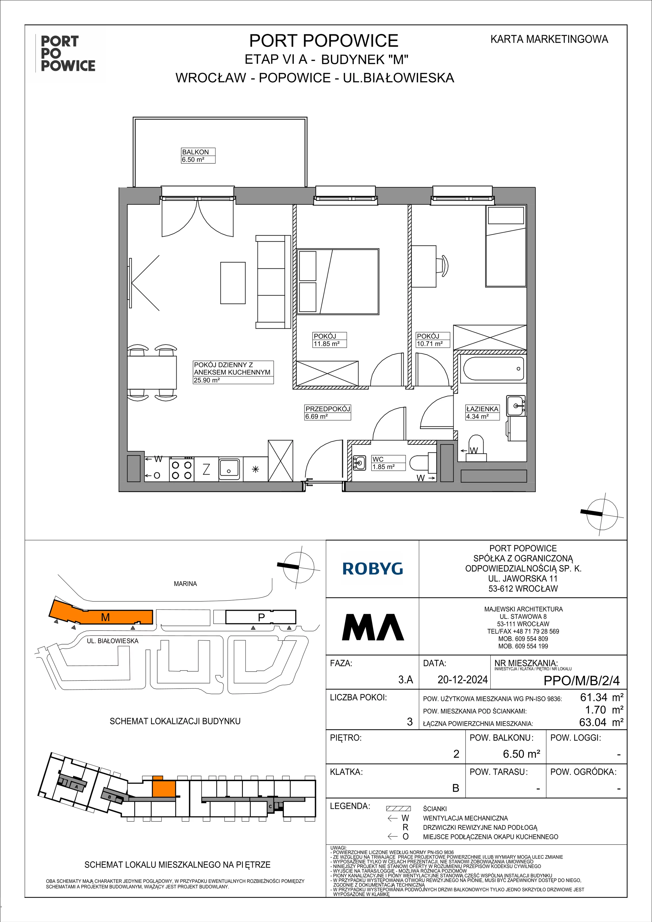 3 pokoje, mieszkanie 61,34 m², piętro 2, oferta nr PPO/M/B/2/4, Port Popowice IVa, Wrocław, Pilczyce-Kozanów-Popowice Północne, Popowice, ul. Białowieska