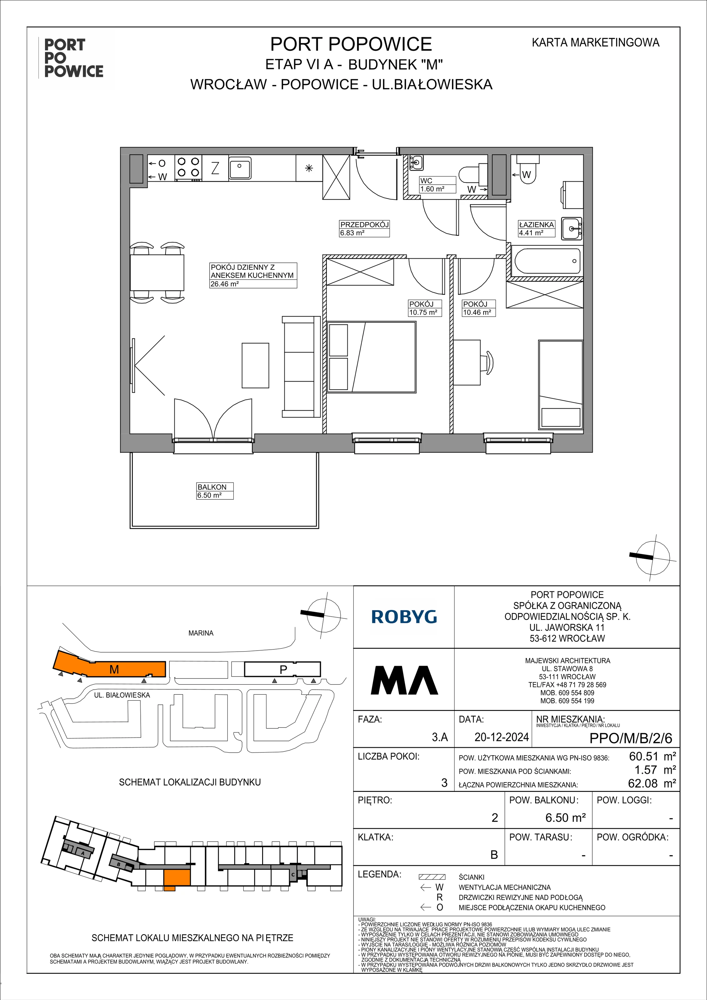 3 pokoje, mieszkanie 60,51 m², piętro 2, oferta nr PPO/M/B/2/6, Port Popowice IVa, Wrocław, Pilczyce-Kozanów-Popowice Północne, Popowice, ul. Białowieska