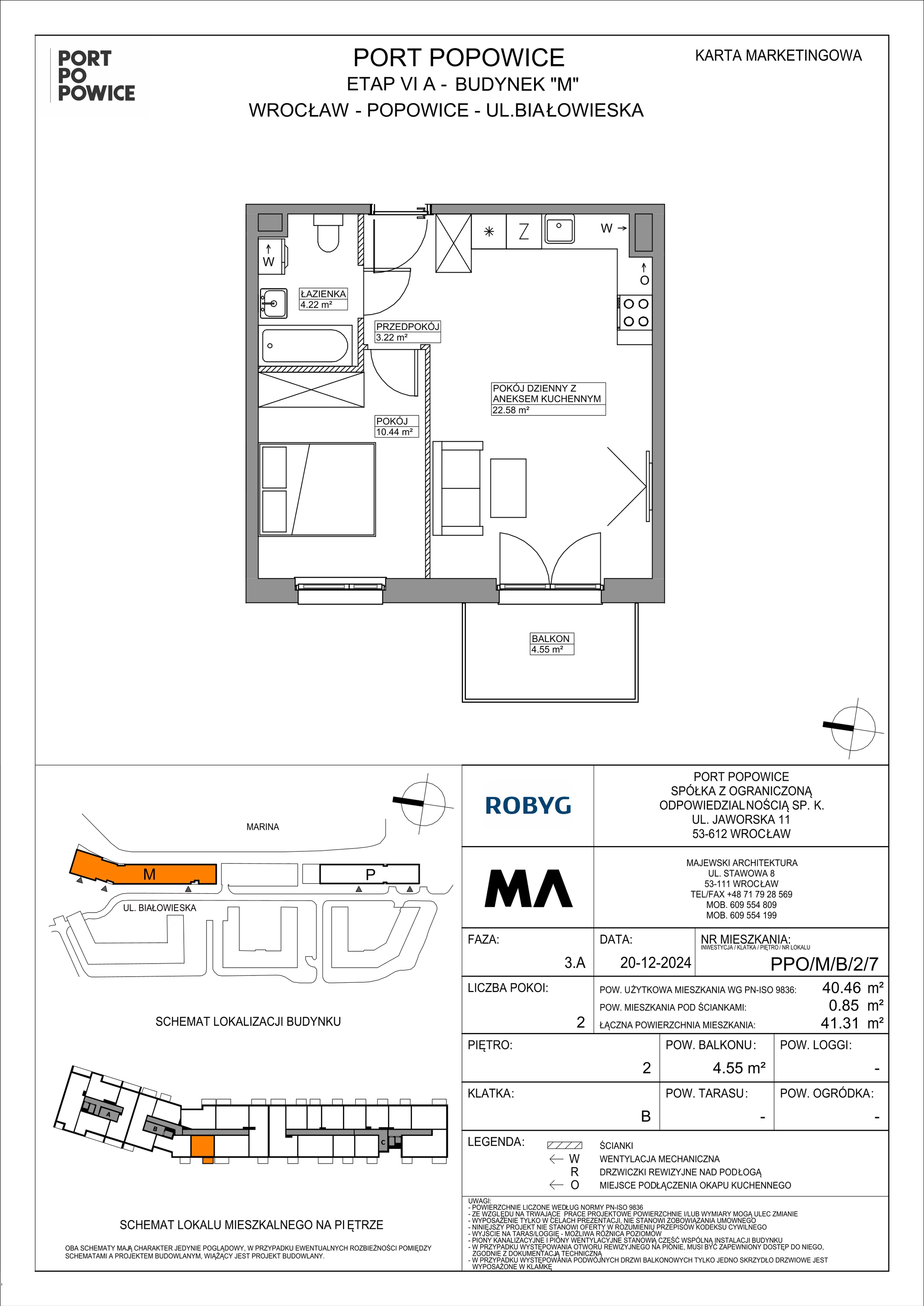 2 pokoje, mieszkanie 40,46 m², piętro 2, oferta nr PPO/M/B/2/7, Port Popowice IVa, Wrocław, Pilczyce-Kozanów-Popowice Północne, Popowice, ul. Białowieska