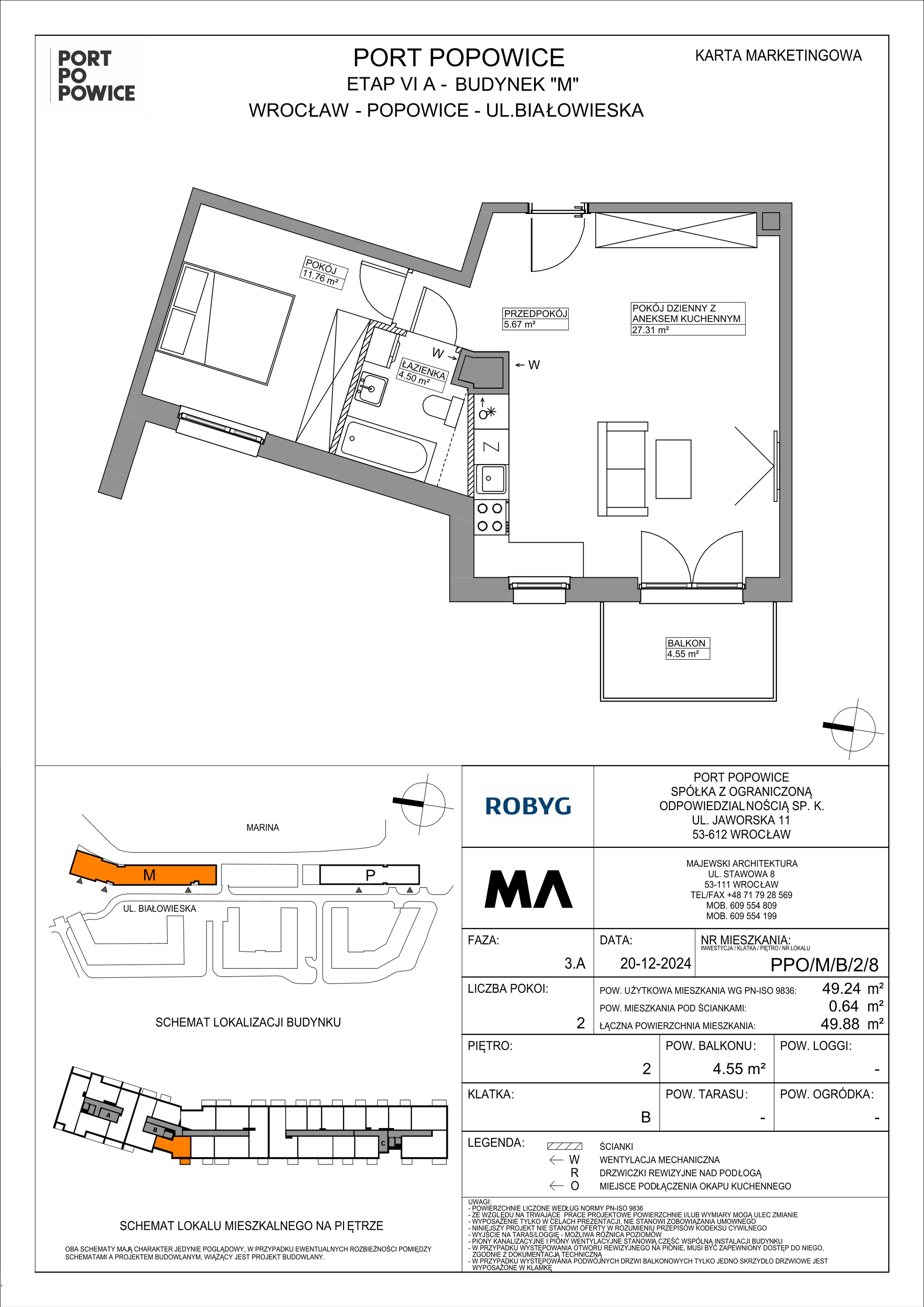 2 pokoje, mieszkanie 49,24 m², piętro 2, oferta nr PPO/M/B/2/8, Port Popowice IVa, Wrocław, Pilczyce-Kozanów-Popowice Północne, Popowice, ul. Białowieska