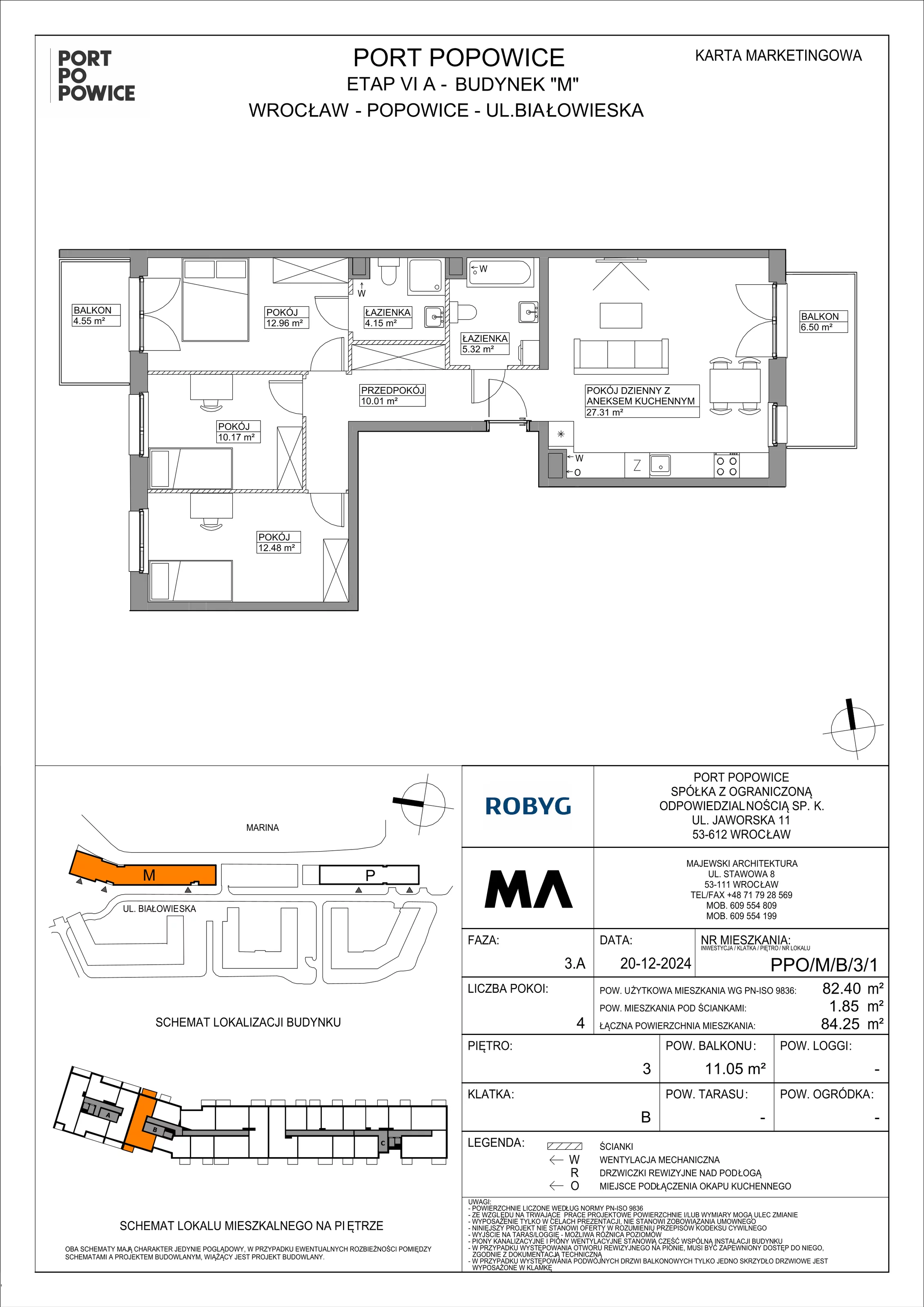 4 pokoje, mieszkanie 82,40 m², piętro 3, oferta nr PPO/M/B/3/1, Port Popowice IVa, Wrocław, Pilczyce-Kozanów-Popowice Północne, Popowice, ul. Białowieska