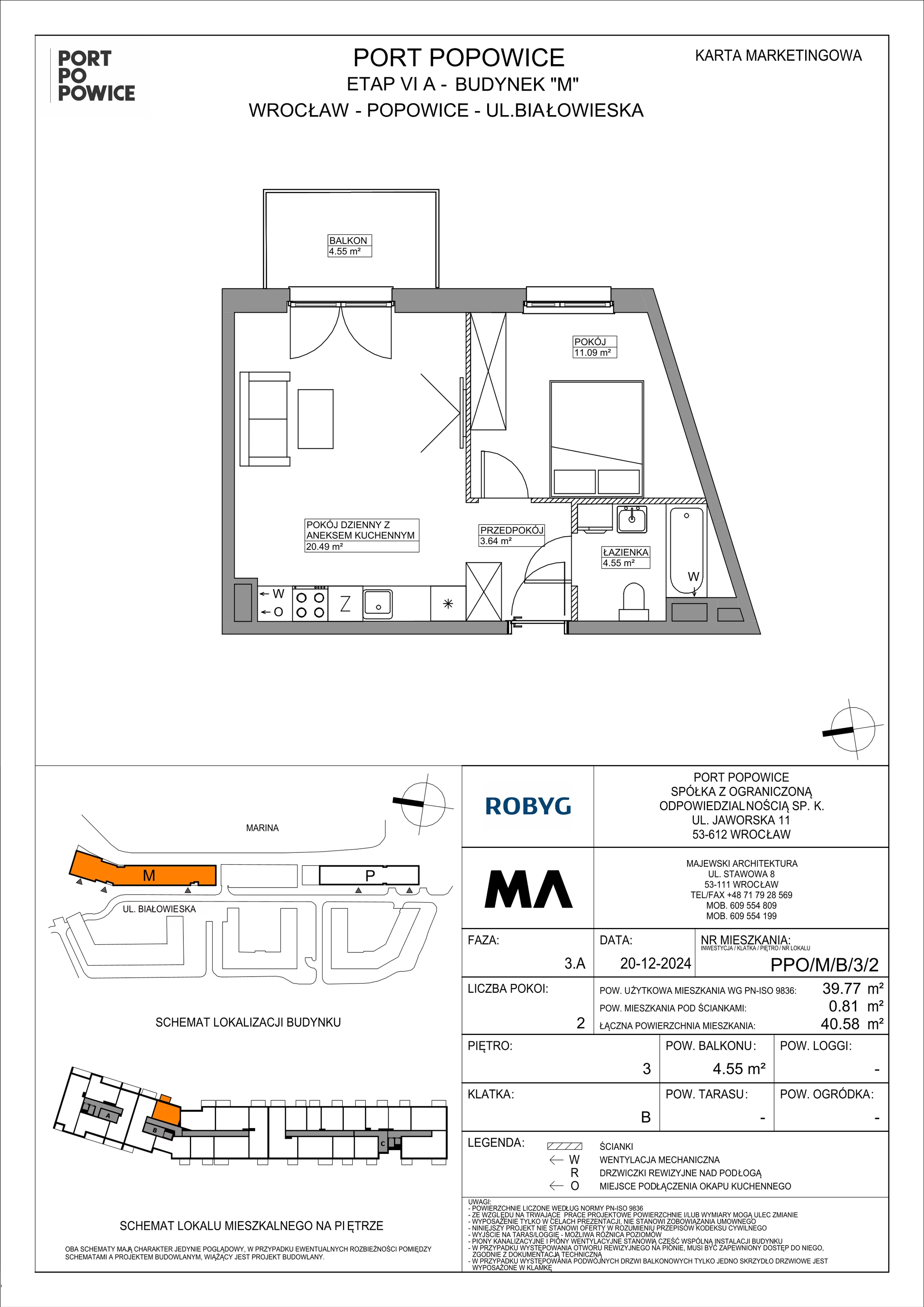 2 pokoje, mieszkanie 39,77 m², piętro 3, oferta nr PPO/M/B/3/2, Port Popowice IVa, Wrocław, Pilczyce-Kozanów-Popowice Północne, Popowice, ul. Białowieska