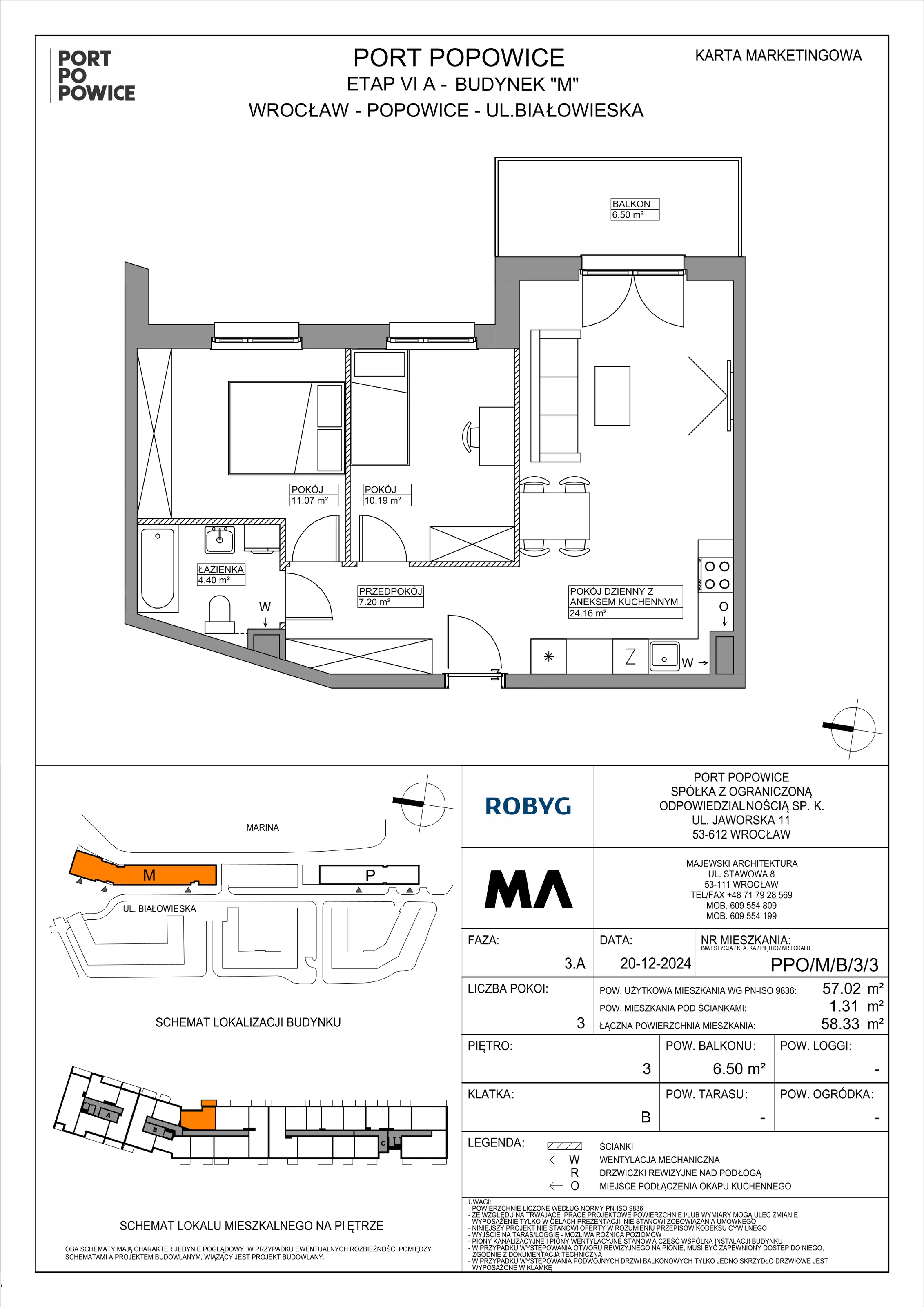 3 pokoje, mieszkanie 57,02 m², piętro 3, oferta nr PPO/M/B/3/3, Port Popowice IVa, Wrocław, Pilczyce-Kozanów-Popowice Północne, Popowice, ul. Białowieska