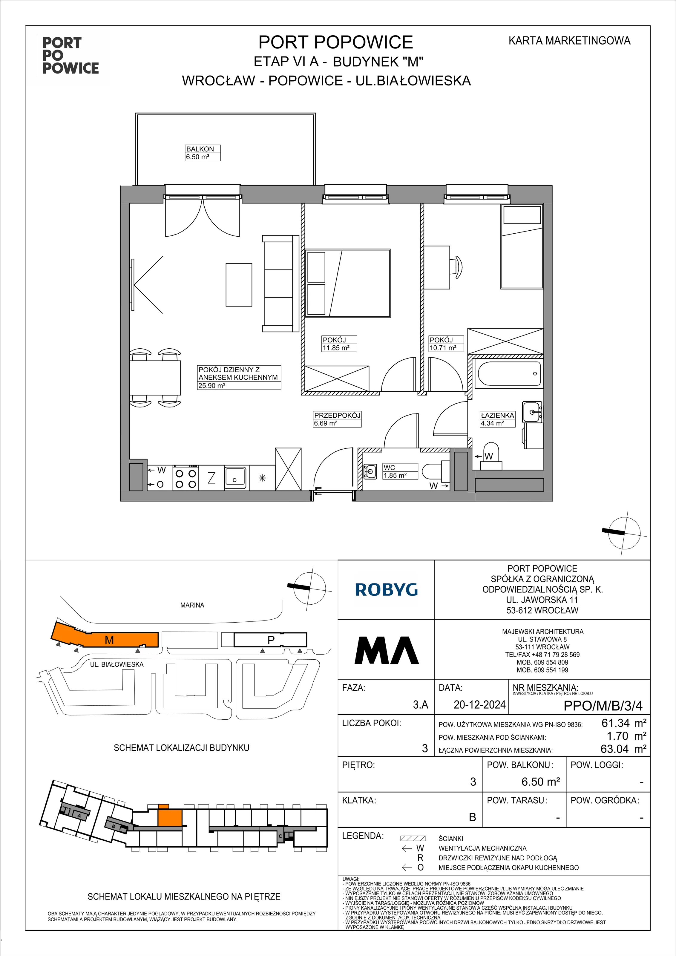 3 pokoje, mieszkanie 61,34 m², piętro 3, oferta nr PPO/M/B/3/4, Port Popowice IVa, Wrocław, Pilczyce-Kozanów-Popowice Północne, Popowice, ul. Białowieska