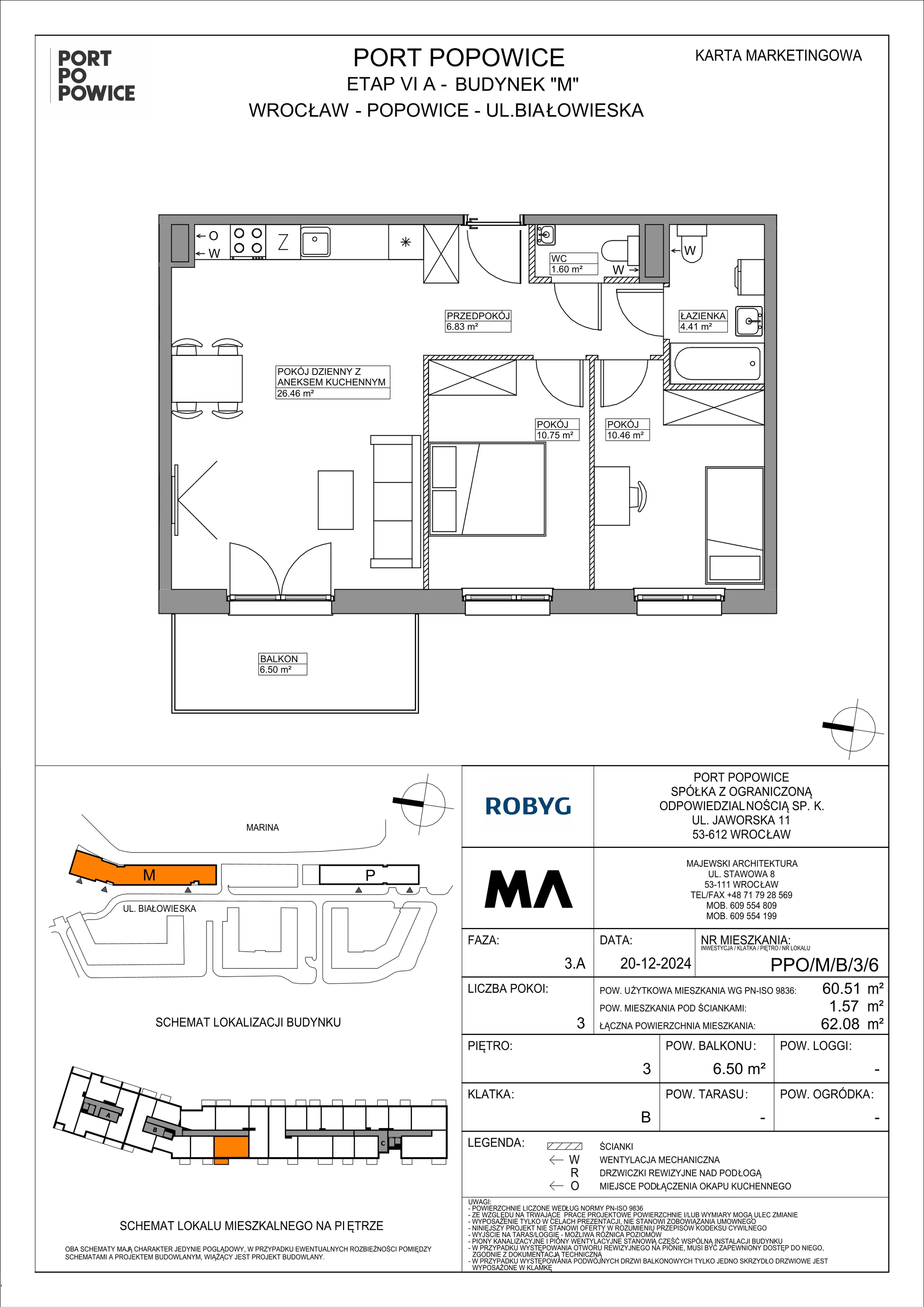 3 pokoje, mieszkanie 60,51 m², piętro 3, oferta nr PPO/M/B/3/6, Port Popowice IVa, Wrocław, Pilczyce-Kozanów-Popowice Północne, Popowice, ul. Białowieska