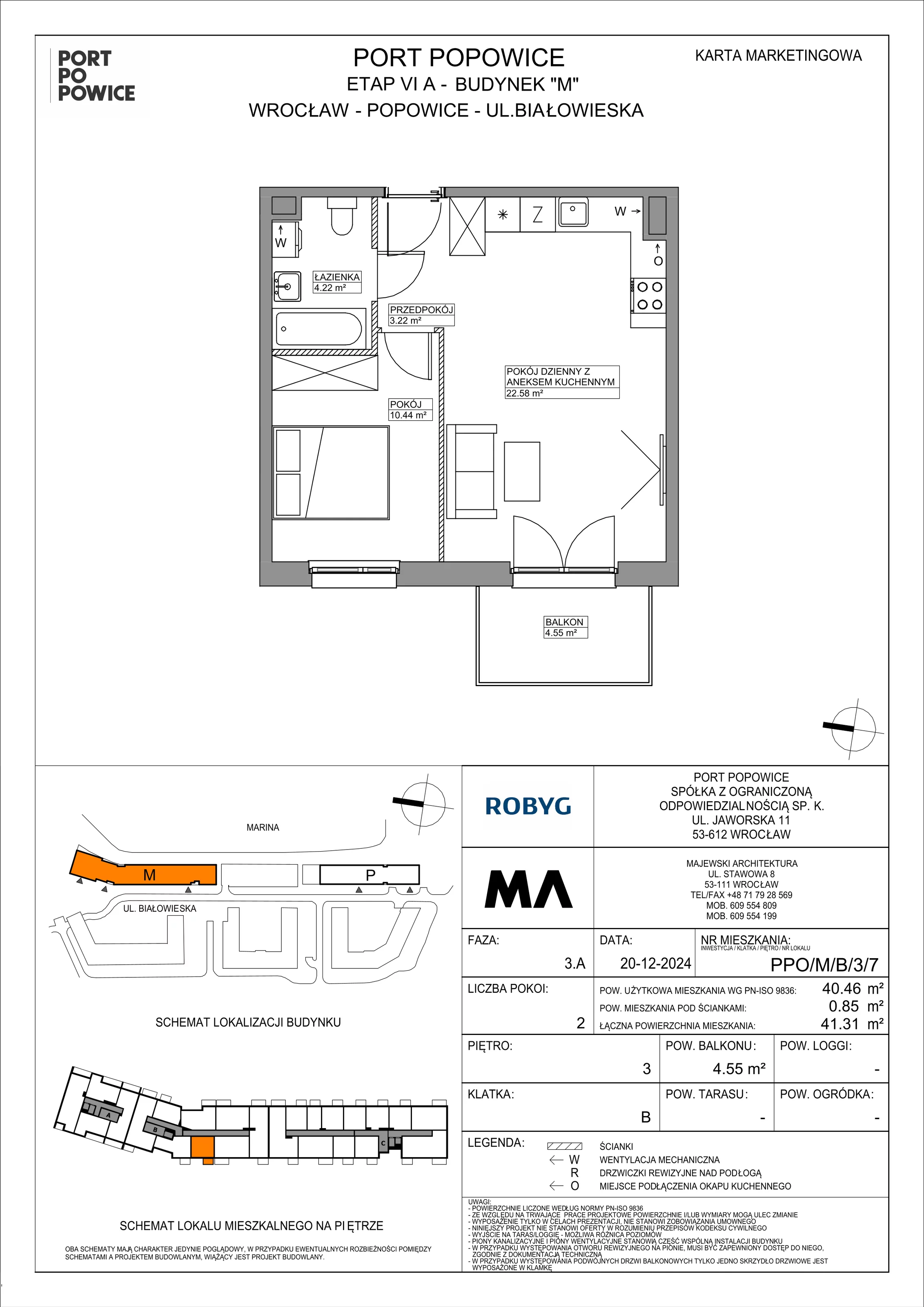 2 pokoje, mieszkanie 40,46 m², piętro 3, oferta nr PPO/M/B/3/7, Port Popowice IVa, Wrocław, Pilczyce-Kozanów-Popowice Północne, Popowice, ul. Białowieska