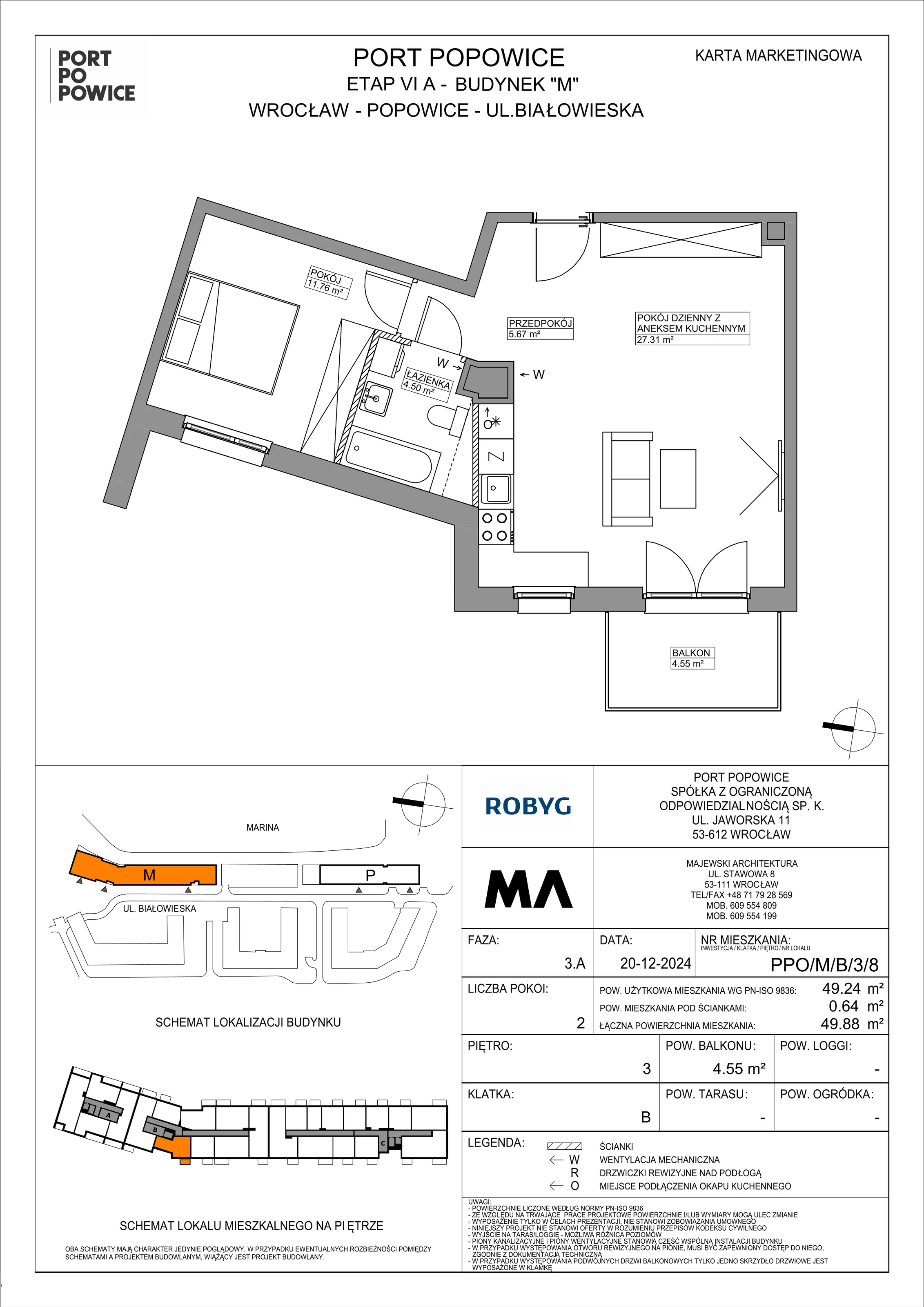 2 pokoje, mieszkanie 49,24 m², piętro 3, oferta nr PPO/M/B/3/8, Port Popowice IVa, Wrocław, Pilczyce-Kozanów-Popowice Północne, Popowice, ul. Białowieska