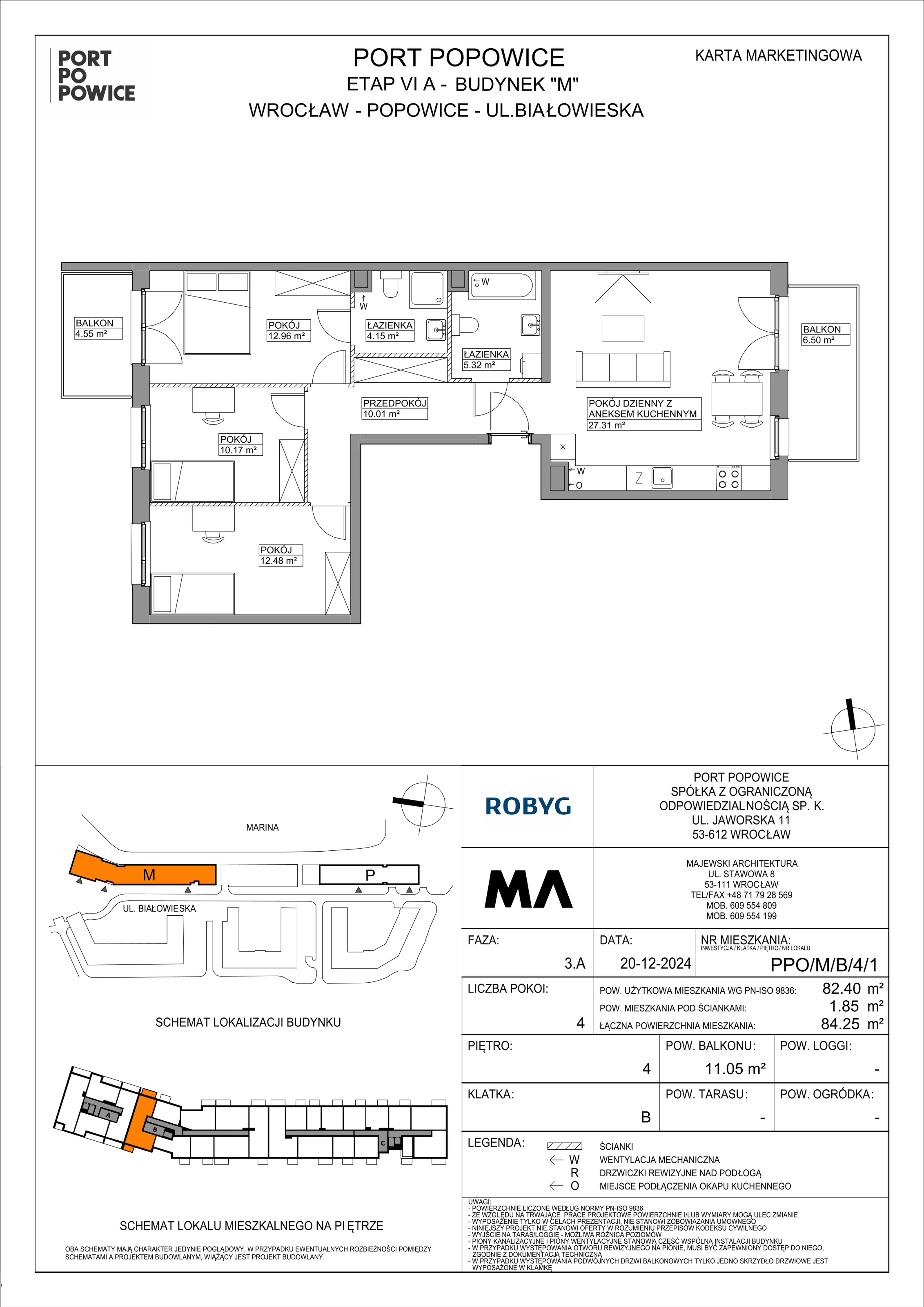 4 pokoje, mieszkanie 82,40 m², piętro 4, oferta nr PPO/M/B/4/1, Port Popowice IVa, Wrocław, Pilczyce-Kozanów-Popowice Północne, Popowice, ul. Białowieska