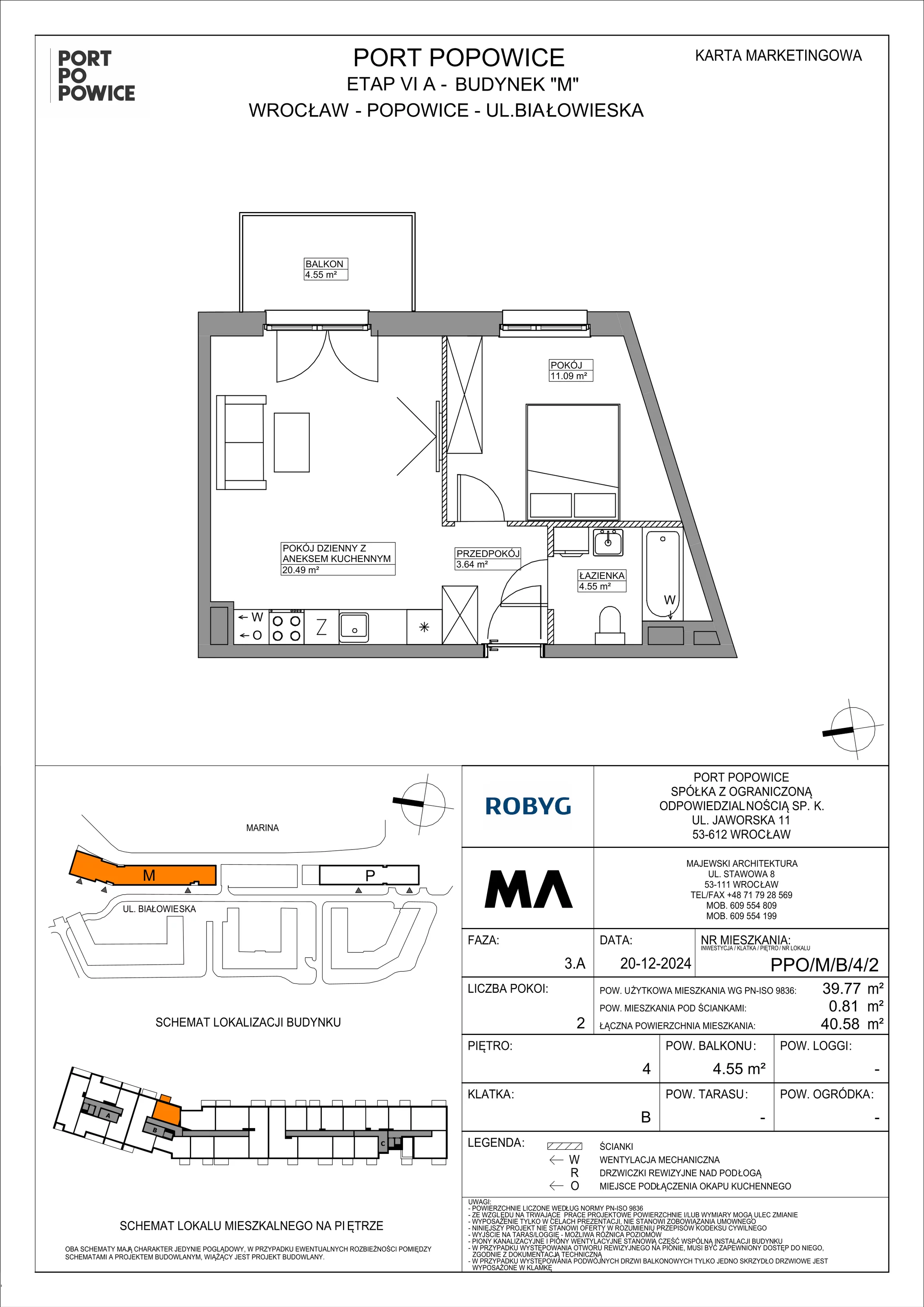 2 pokoje, mieszkanie 39,77 m², piętro 4, oferta nr PPO/M/B/4/2, Port Popowice IVa, Wrocław, Pilczyce-Kozanów-Popowice Północne, Popowice, ul. Białowieska