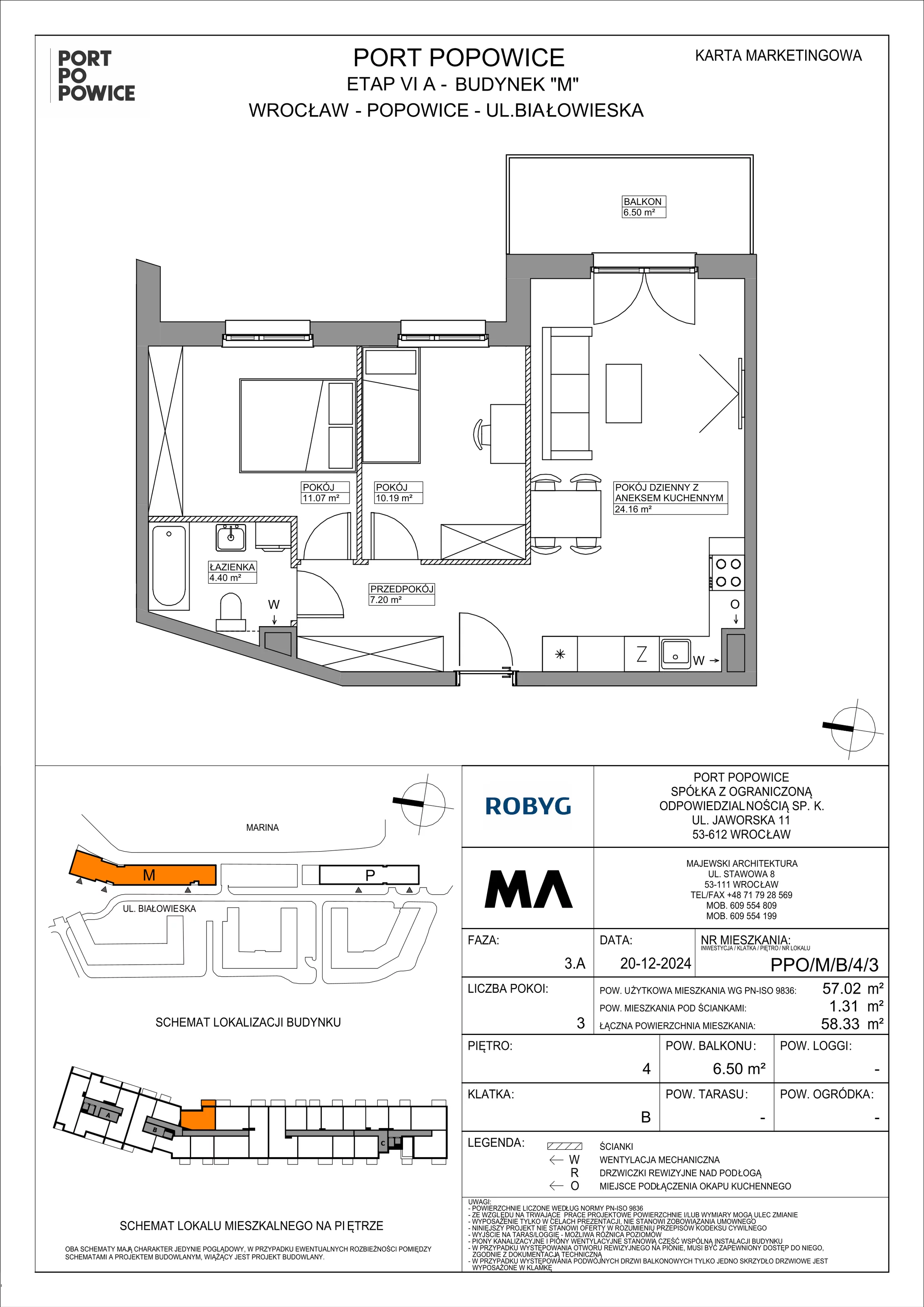 3 pokoje, mieszkanie 57,02 m², piętro 4, oferta nr PPO/M/B/4/3, Port Popowice IVa, Wrocław, Pilczyce-Kozanów-Popowice Północne, Popowice, ul. Białowieska