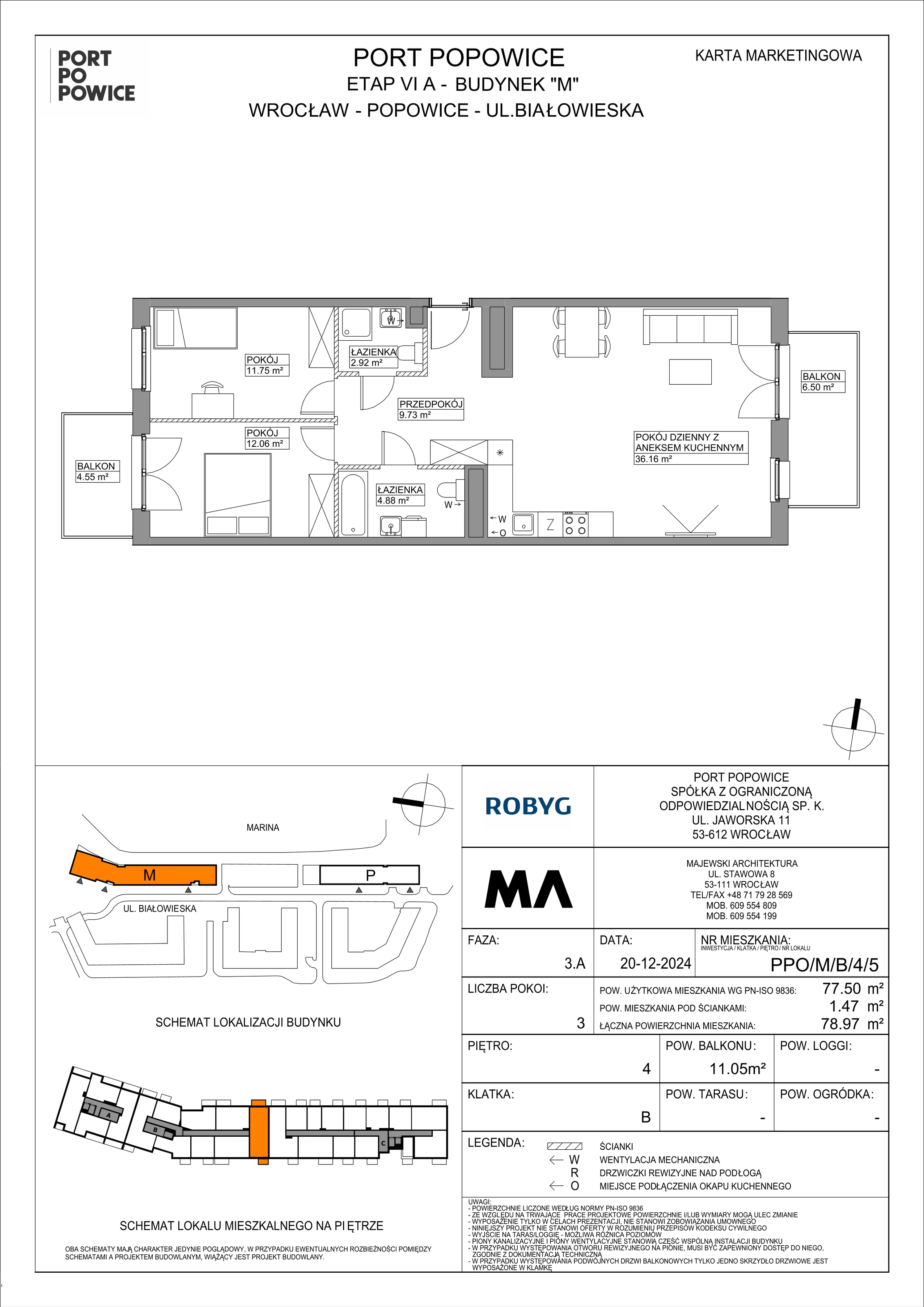 3 pokoje, mieszkanie 77,50 m², piętro 4, oferta nr PPO/M/B/4/5, Port Popowice IVa, Wrocław, Pilczyce-Kozanów-Popowice Północne, Popowice, ul. Białowieska